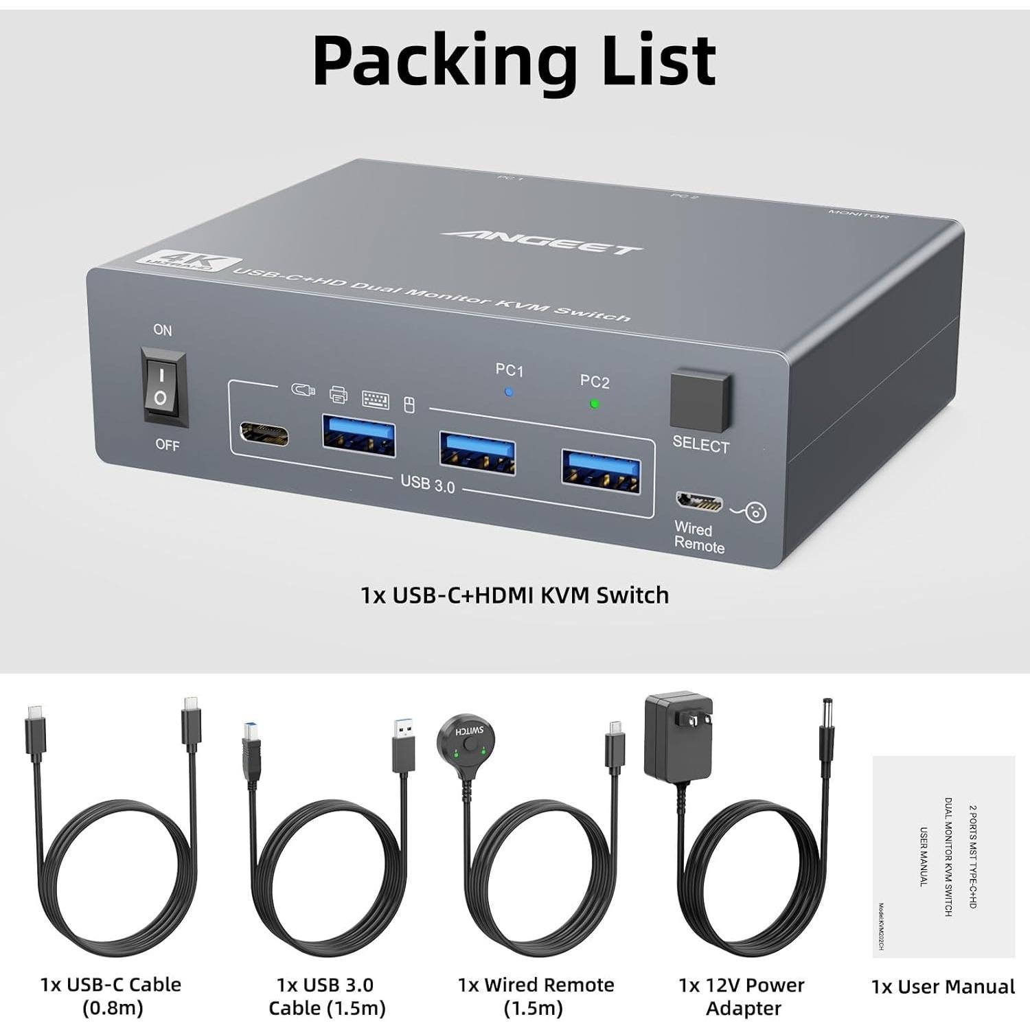 Interruptor KVM Doble Monitor 4K HDMI USB-C ANGEET