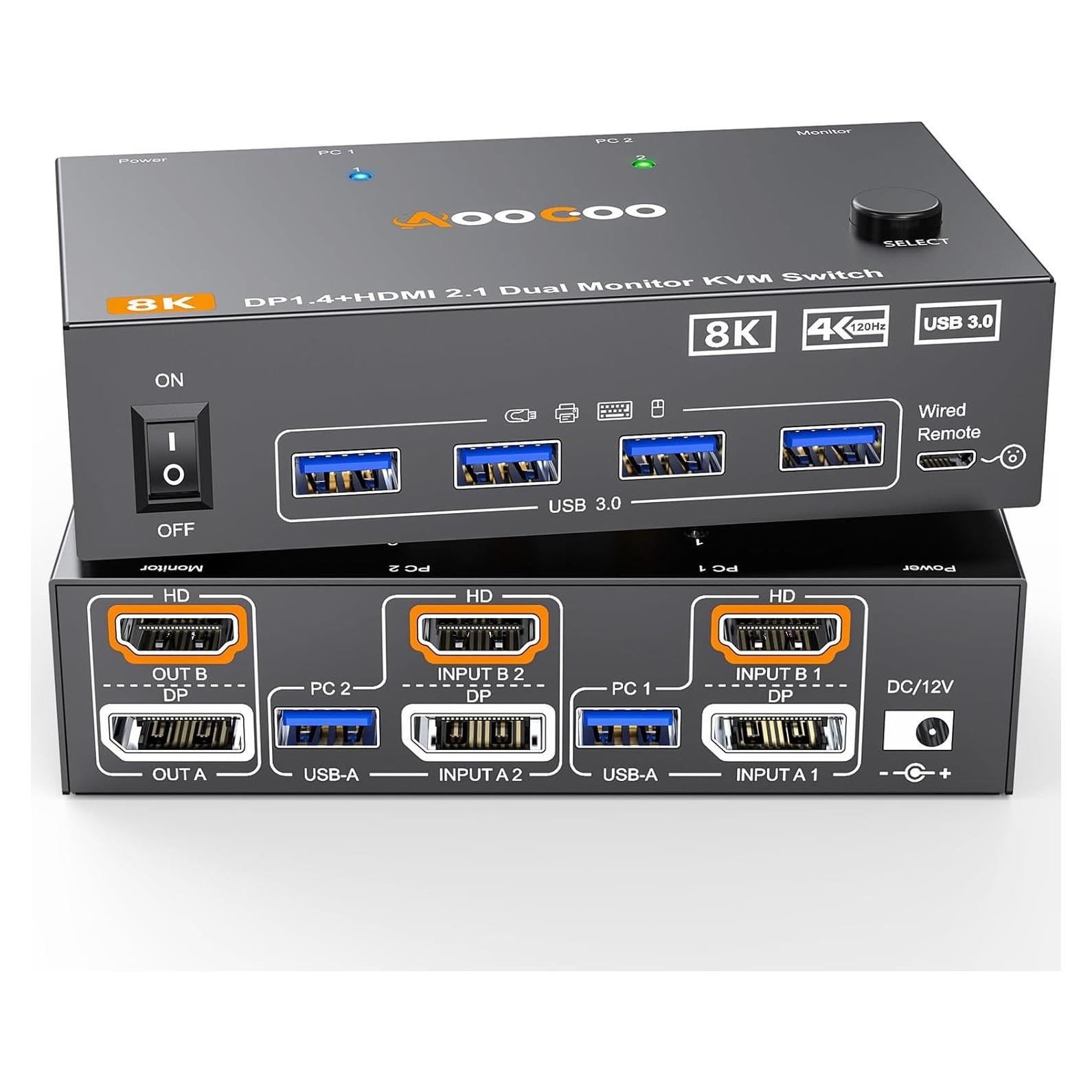 Conmutador KVM Doble Monitor AOOCOO 8K@60Hz HDMI+DP USB 3.0