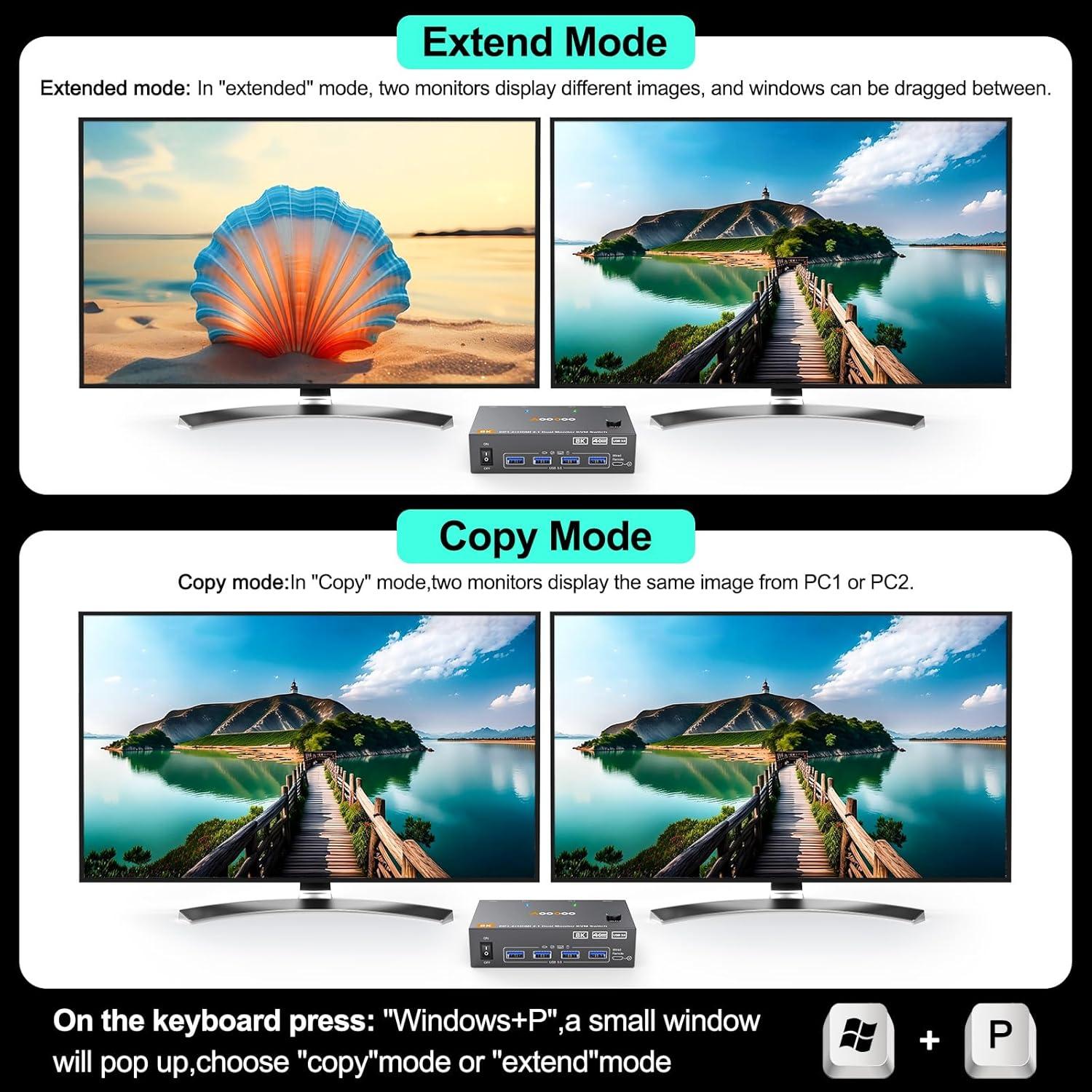 Conmutador KVM Doble Monitor AOOCOO 8K@60Hz HDMI+DP USB 3.0