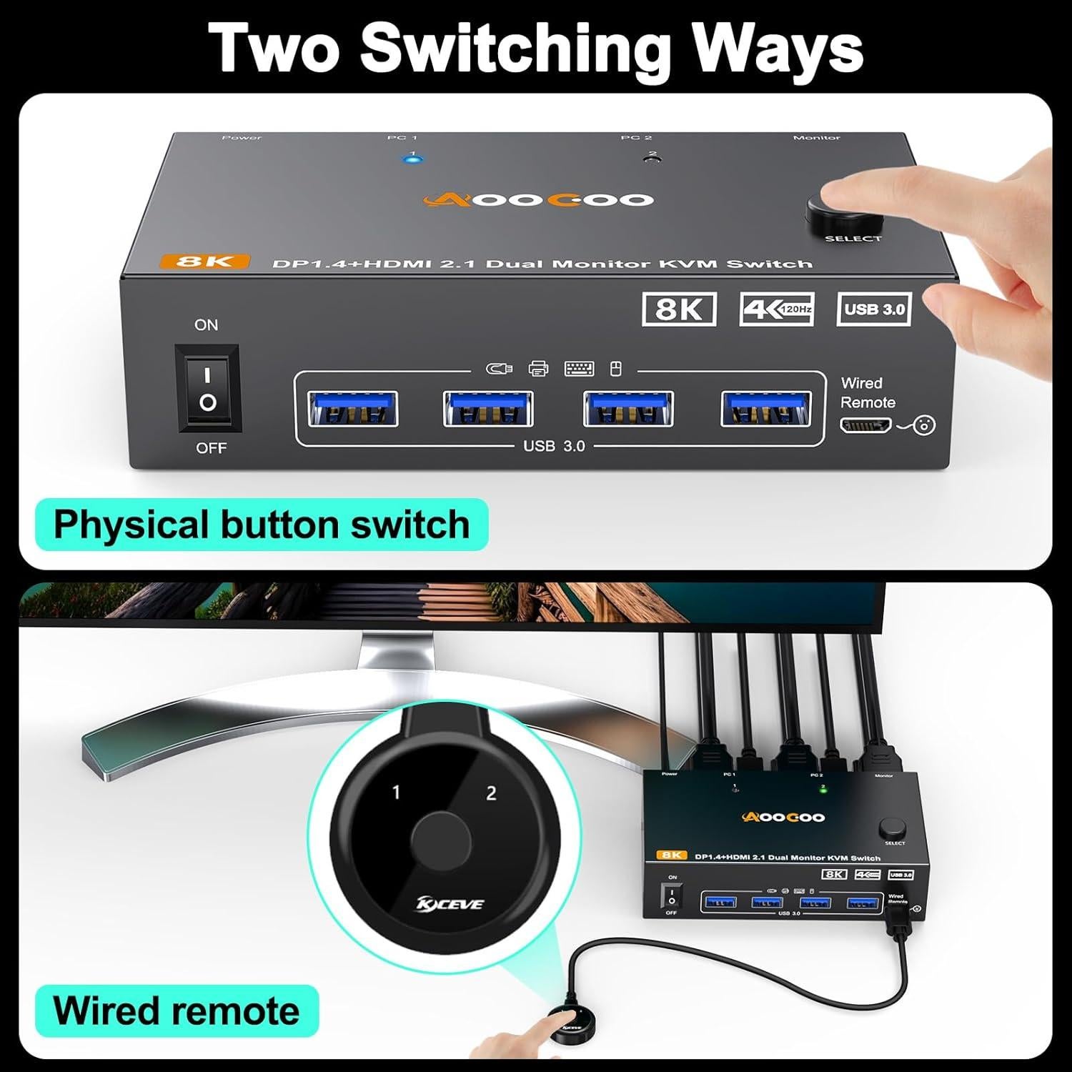 Conmutador KVM Doble Monitor AOOCOO 8K@60Hz HDMI+DP USB 3.0
