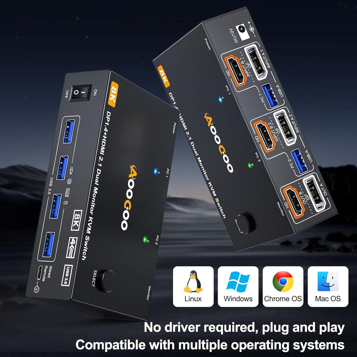 Conmutador KVM Doble Monitor AOOCOO 8K@60Hz HDMI+DP USB 3.0