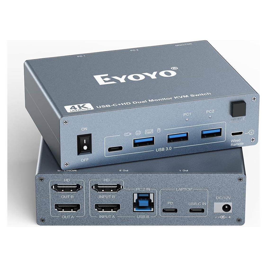 Conmutador KVM 2 Monitores 4K HDMI USB-C Eyoyo