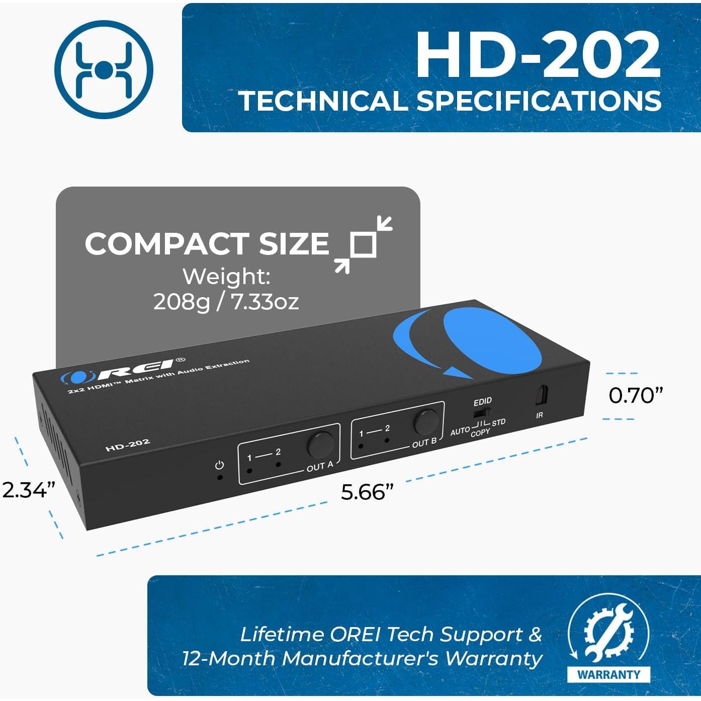 Matriz HDMI 2x2 OREI HD-202 UltraHD 4K 60Hz Control Remoto