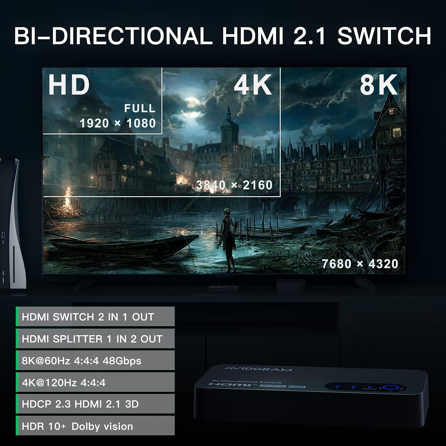 Conmutador HDMI 8K 60Hz AVIDGRAM 2x1/1x2 Soporta 4K 120Hz