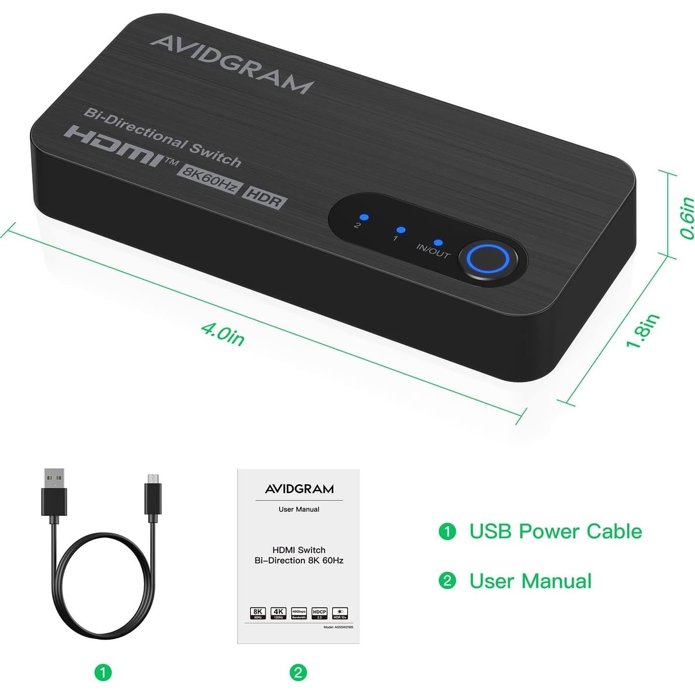 Conmutador HDMI 8K 60Hz AVIDGRAM 2x1/1x2 Soporta 4K 120Hz