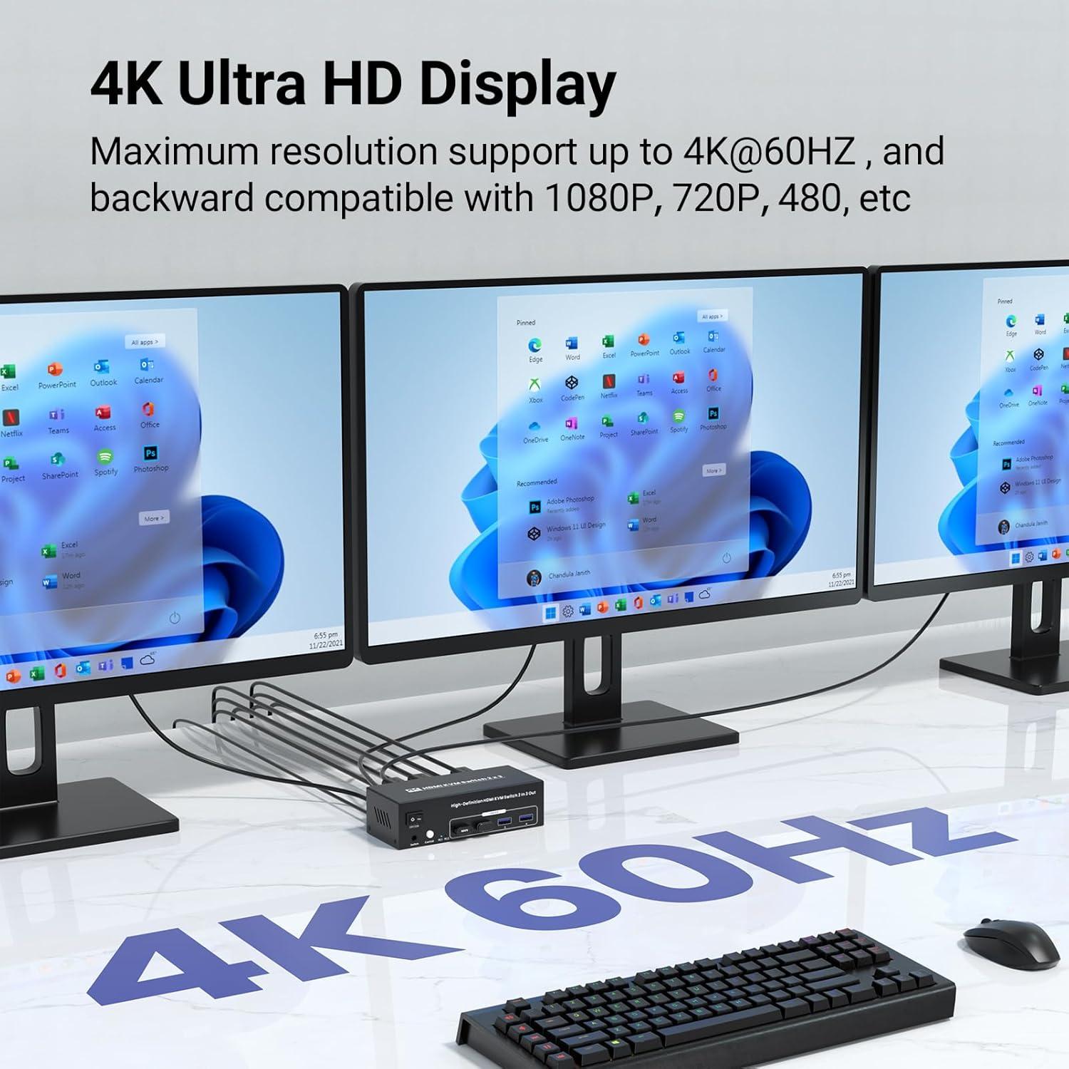 Conmutador KVM HDMI 4K 2 Computadoras 3 Monitores Seiryruc