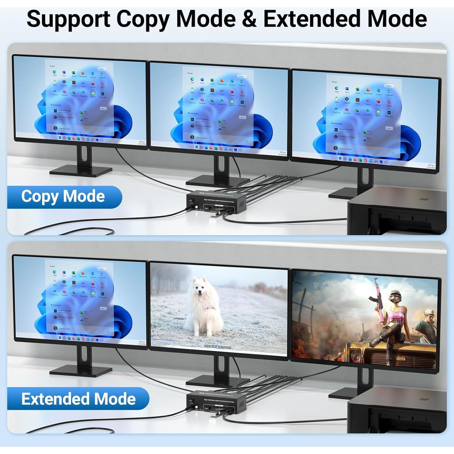 Conmutador KVM HDMI 4K 2 Computadoras 3 Monitores Seiryruc