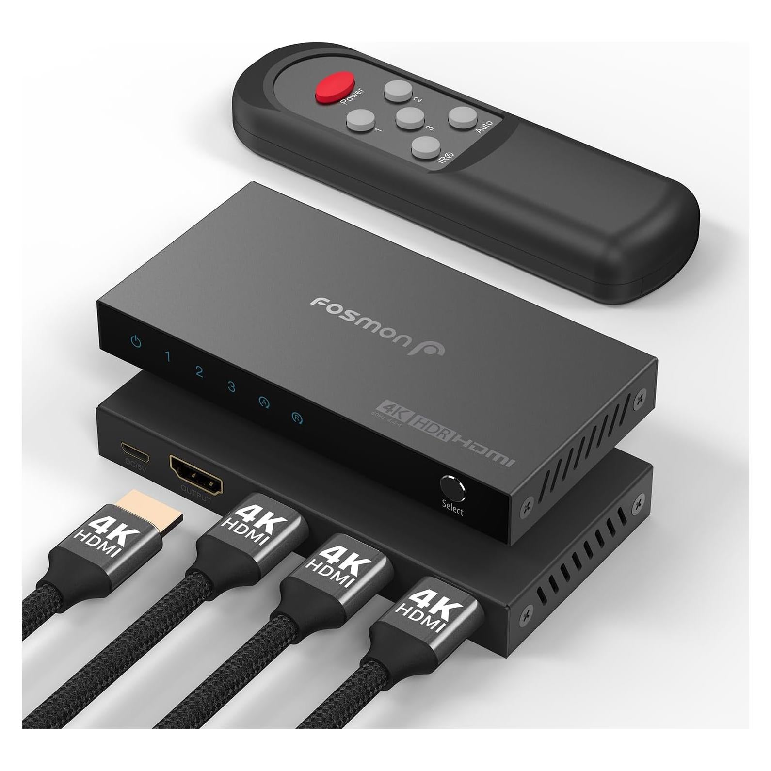 Interruptor HDMI 4K Fosmon 3 Puertos Auto-Switching 18Gbps