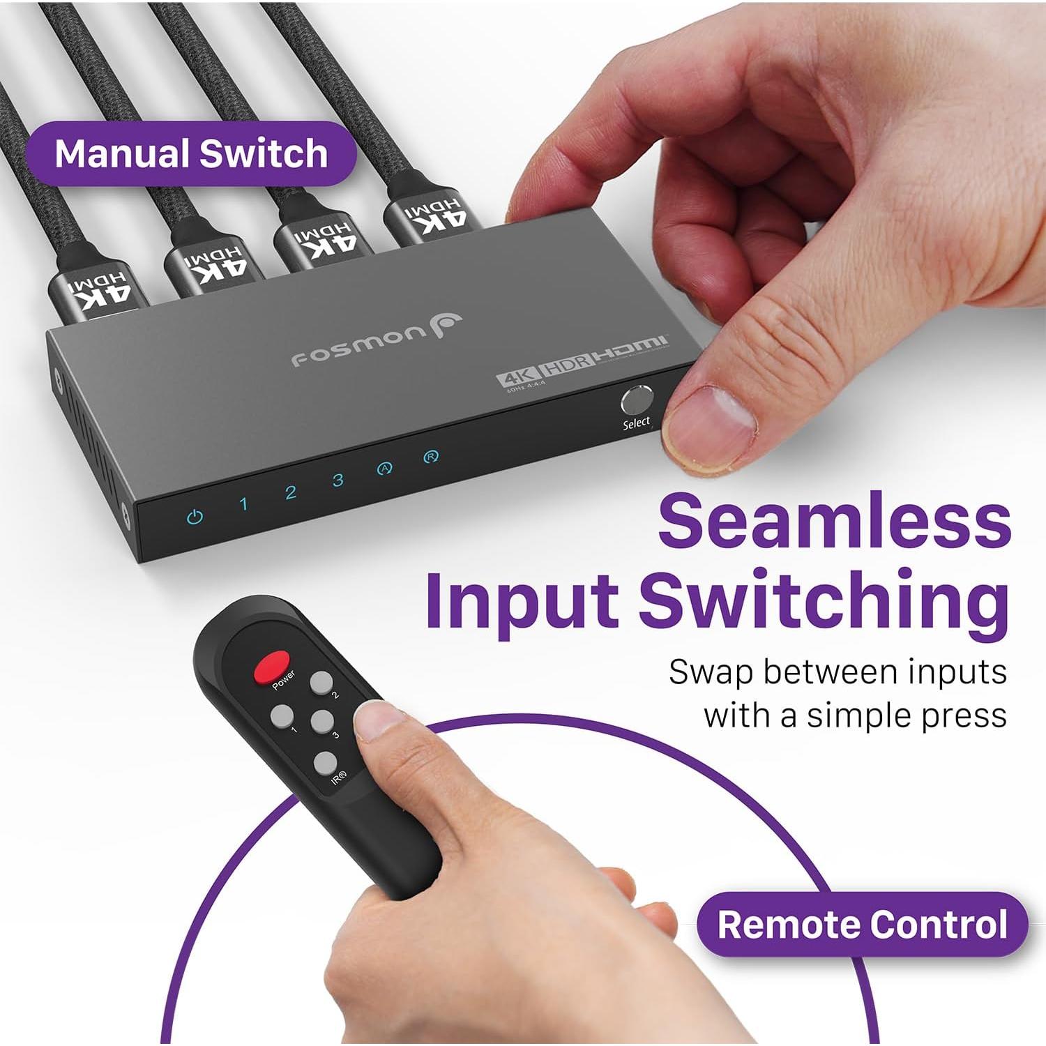 Interruptor HDMI 4K Fosmon 3 Puertos Auto-Switching 18Gbps