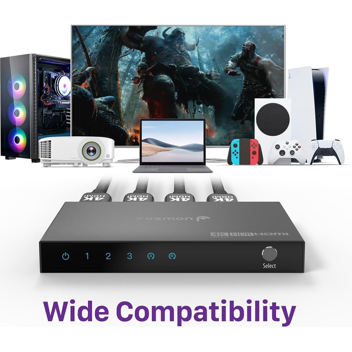 Interruptor HDMI 4K Fosmon 3 Puertos Auto-Switching 18Gbps