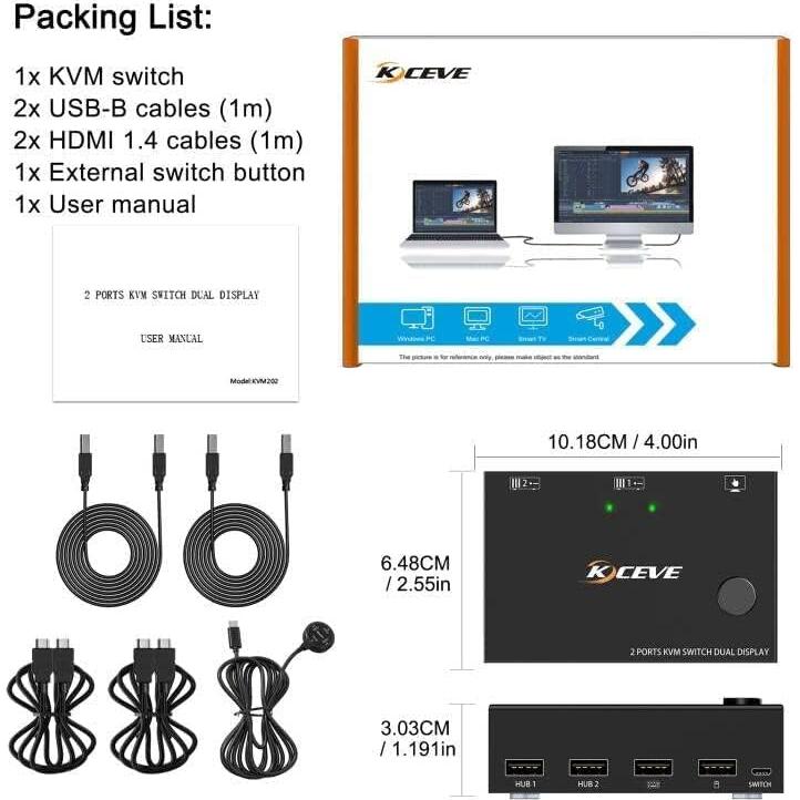 Interruptor KVM 2 Monitores 2 Computadoras KCEVE 4K HDMI