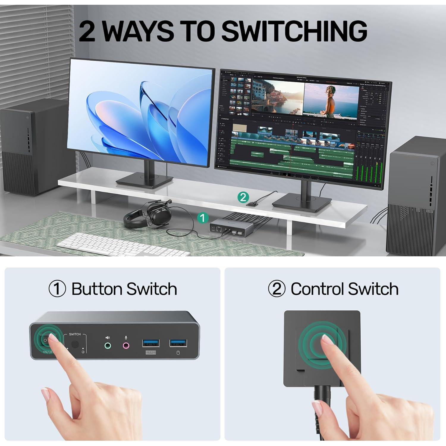 Interruptor KVM HDMI 2 Monitores 2 Computadoras 4K 60Hz