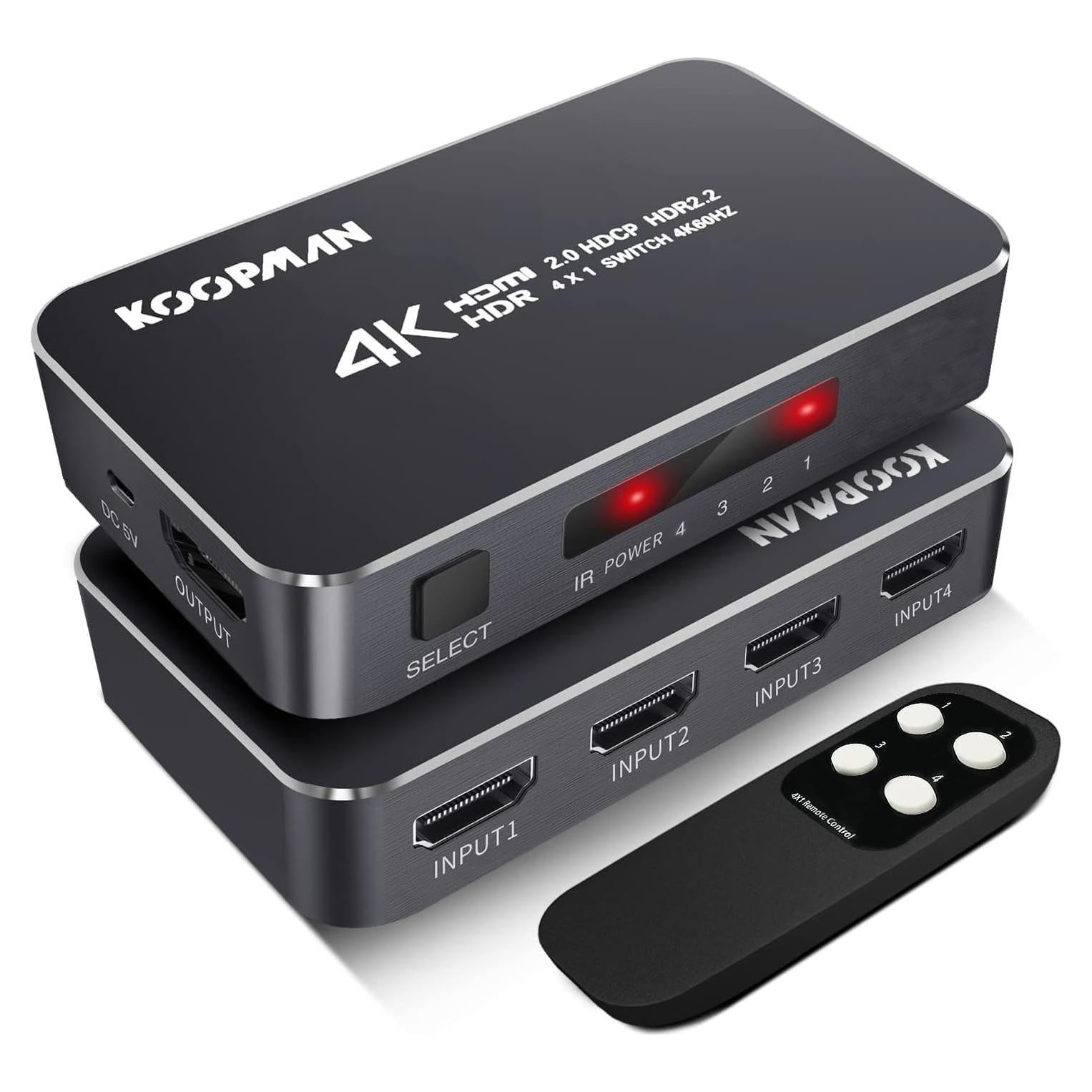Conmutador HDMI 4 Puertos 4K 60Hz Koopman con Control Remoto