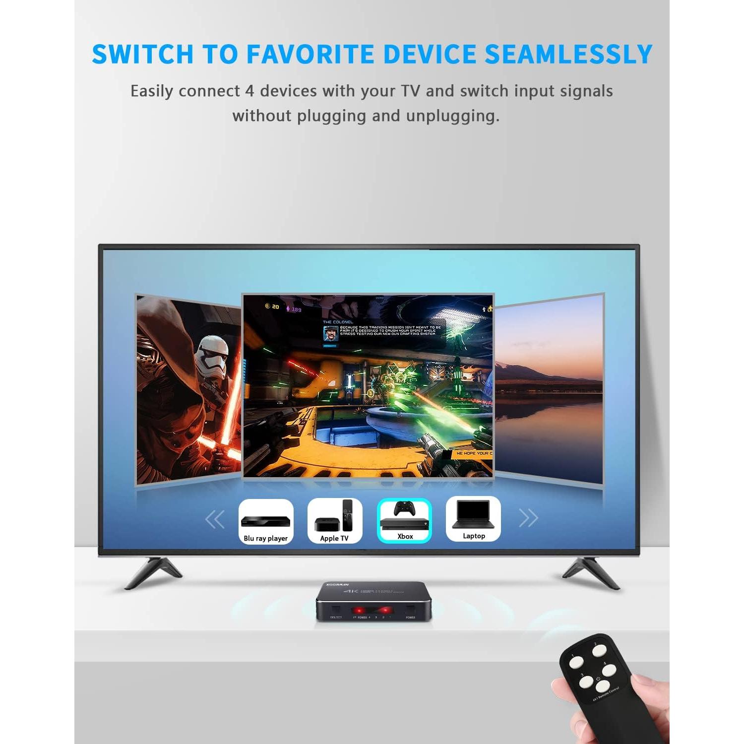 Conmutador HDMI 4 Puertos 4K 60Hz Koopman con Control Remoto