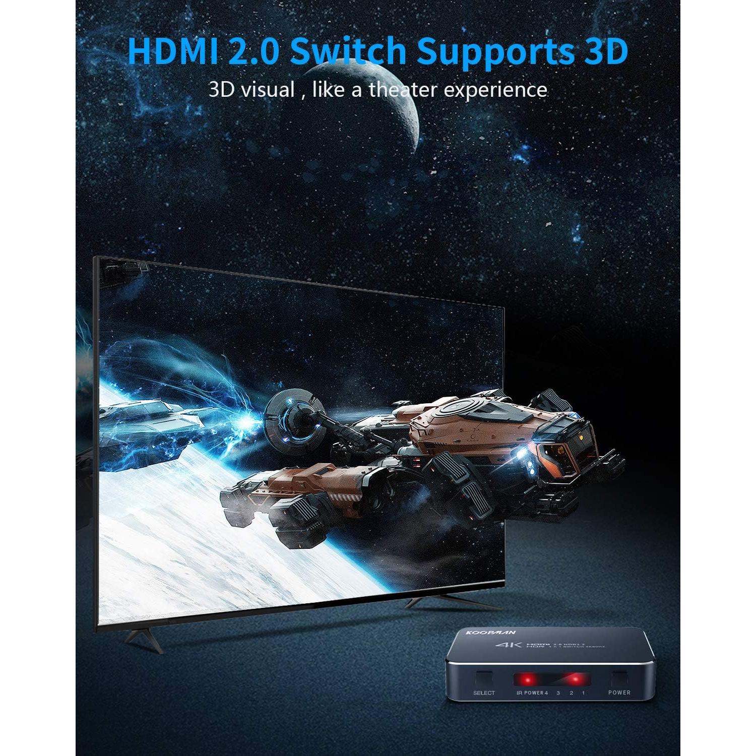 Conmutador HDMI 4 Puertos 4K 60Hz Koopman con Control Remoto