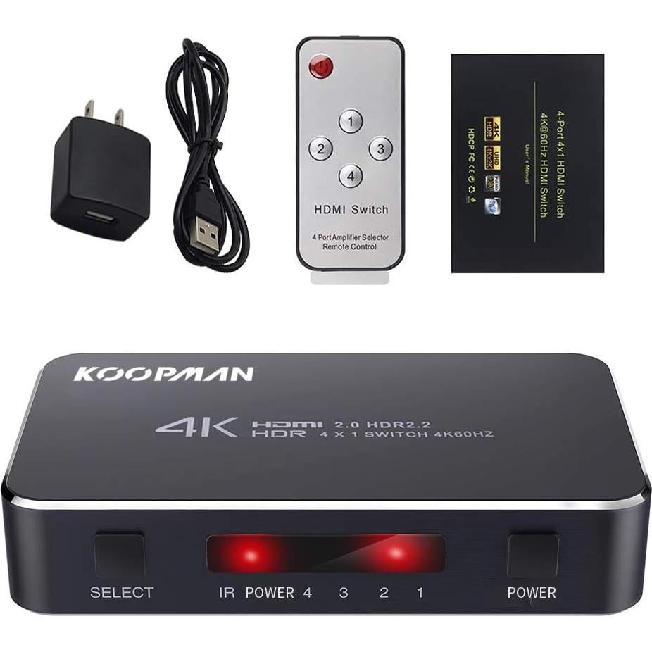 Conmutador HDMI 4 Puertos 4K 60Hz Koopman con Control Remoto