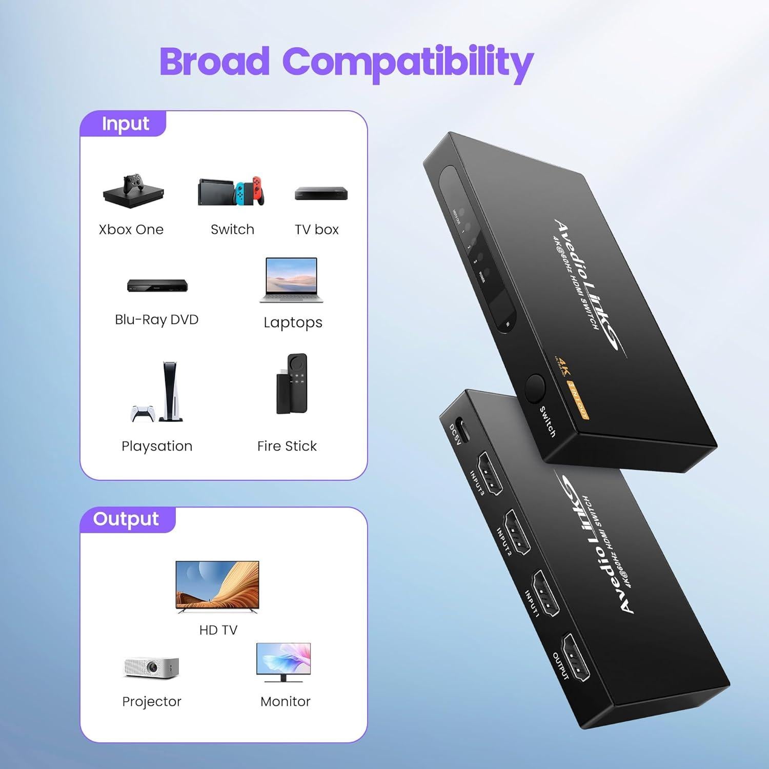 Conmutador HDMI 3 en 1 Avedio Links 4K 60Hz Automático