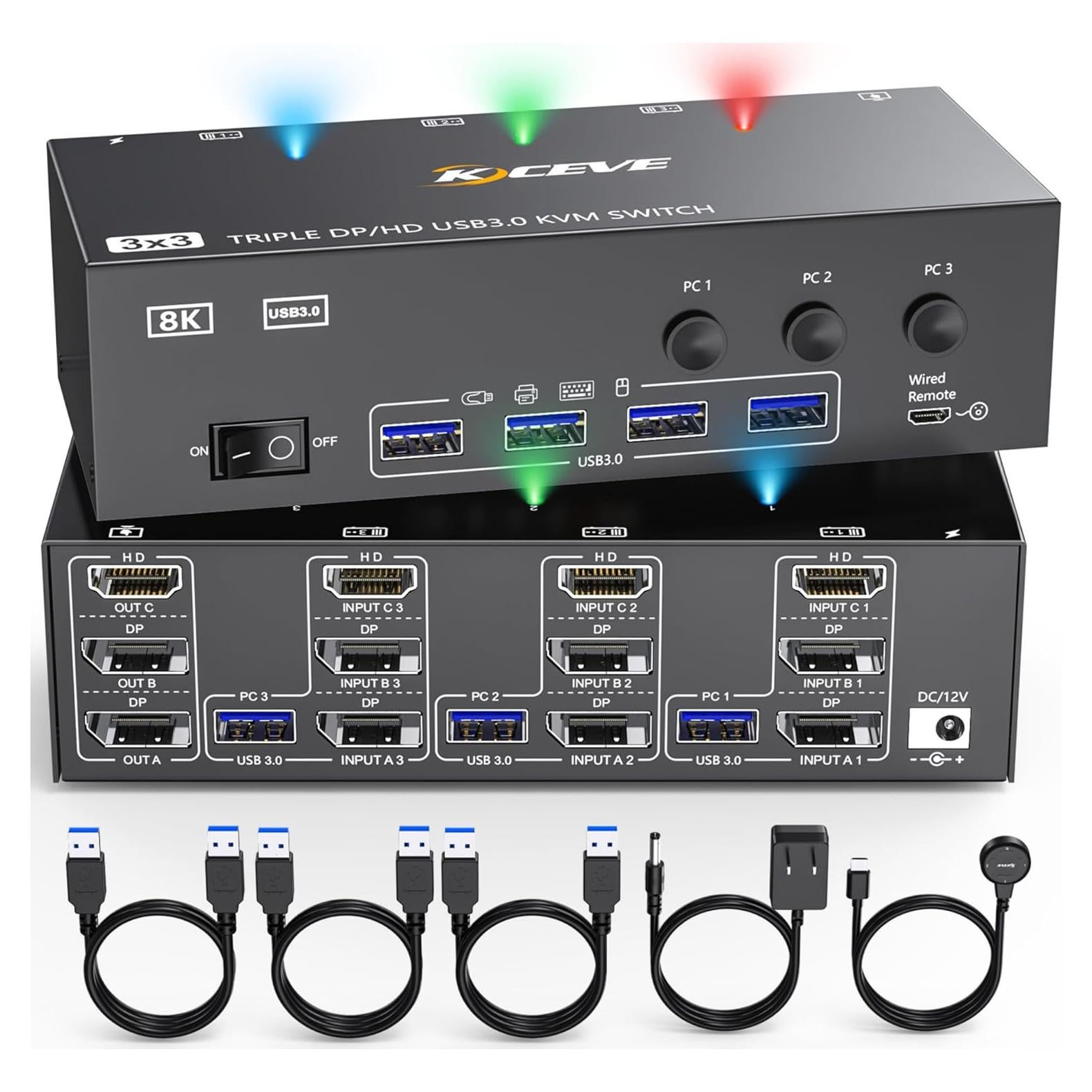 Conmutador KVM 8K 3 Monitores 3 Computadoras KCEVE HDMI DP