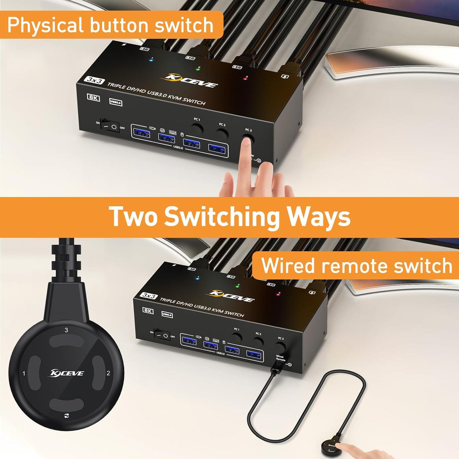 Conmutador KVM 8K 3 Monitores 3 Computadoras KCEVE HDMI DP