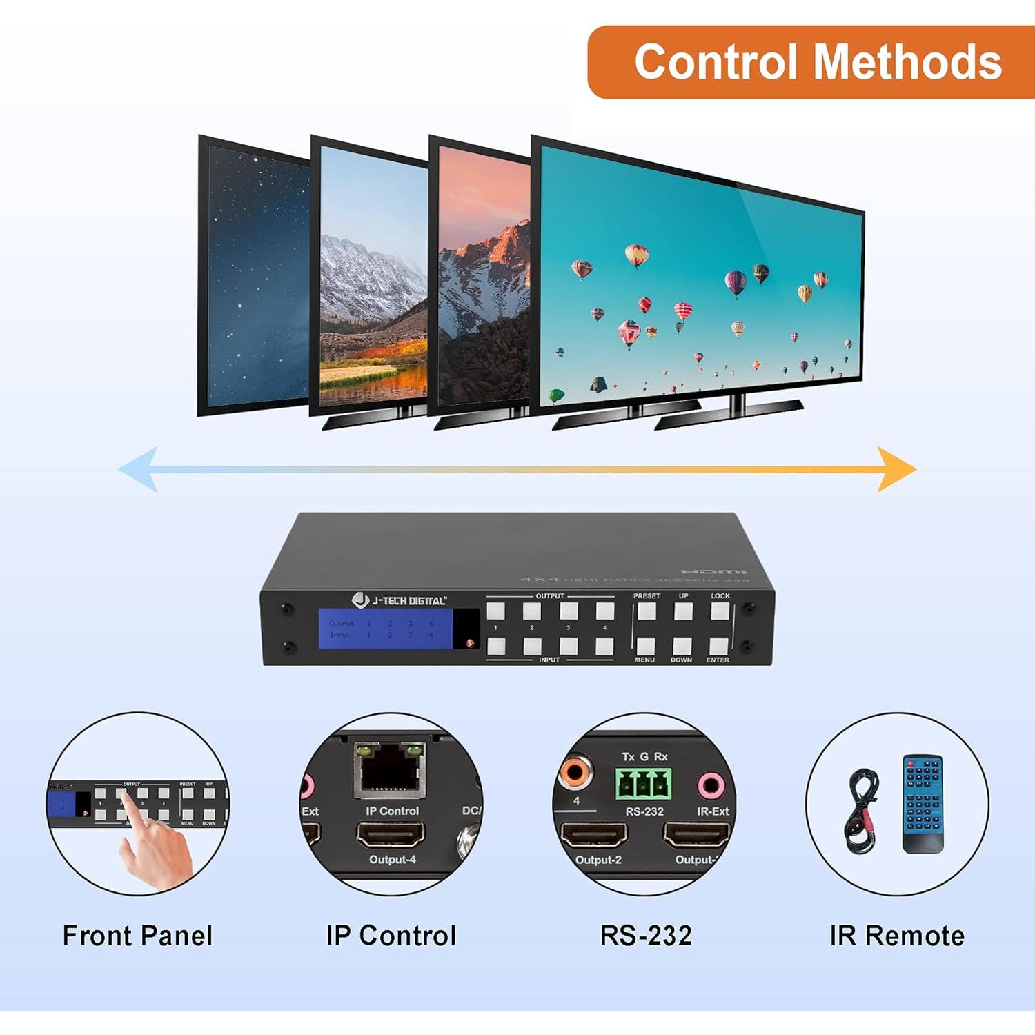 Matriz HDMI 4x4 J-Tech Digital 4K 60Hz HDR con Audio