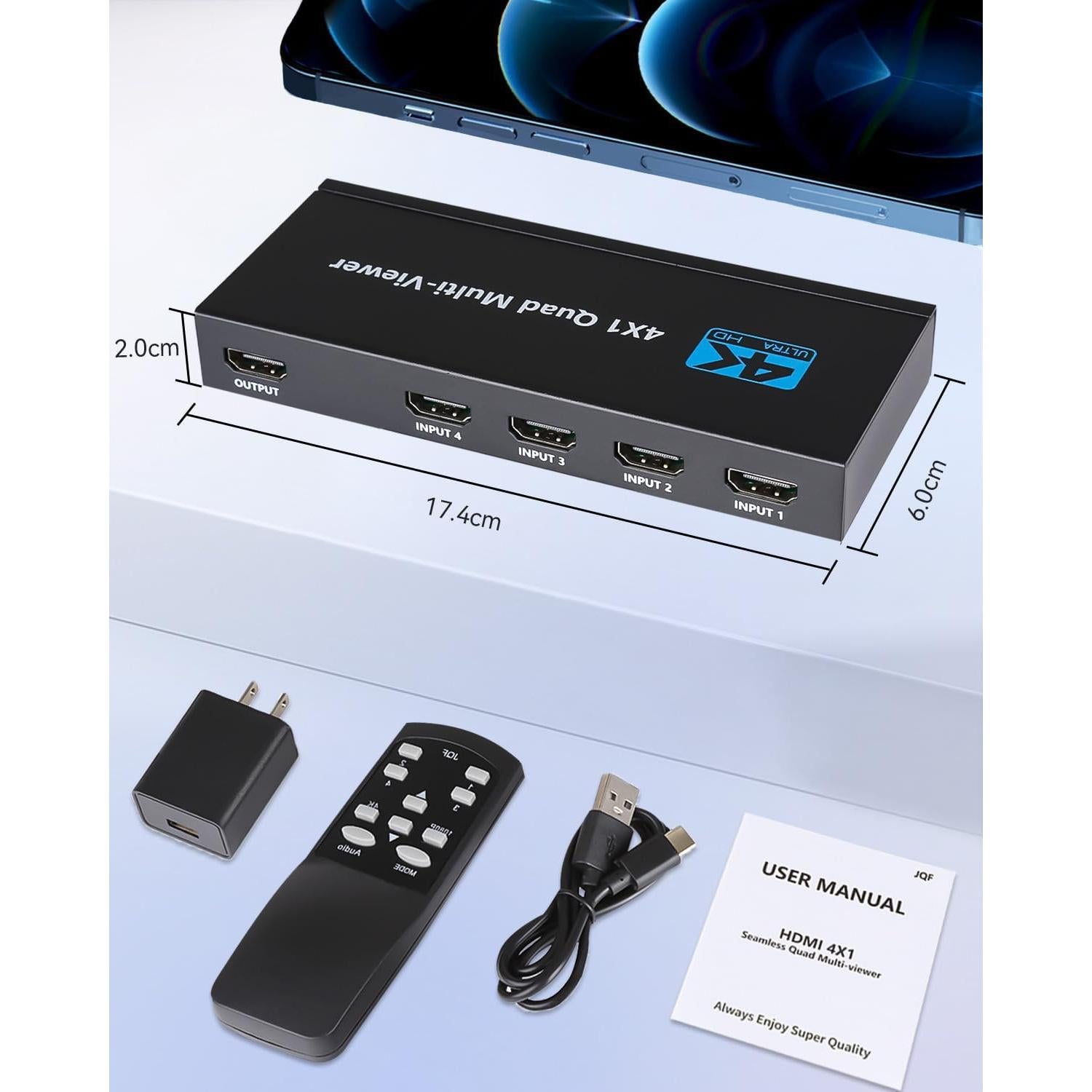 Conmutador HDMI 4x1 HAICHENTEX 4K Multiviewer Control Remoto