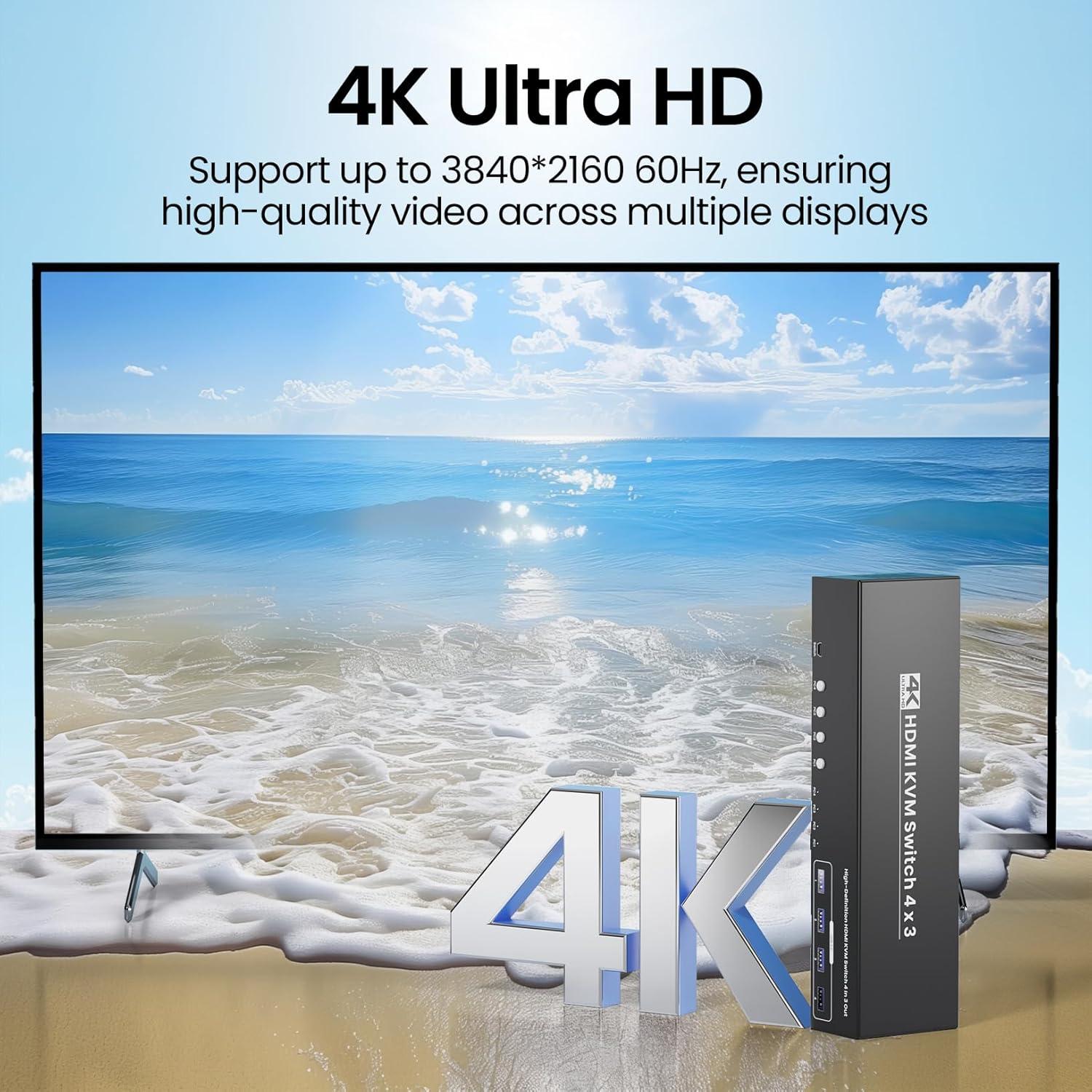 Interruptor KVM HDMI 4 Puertos 4K 3 Monitores Scyniney