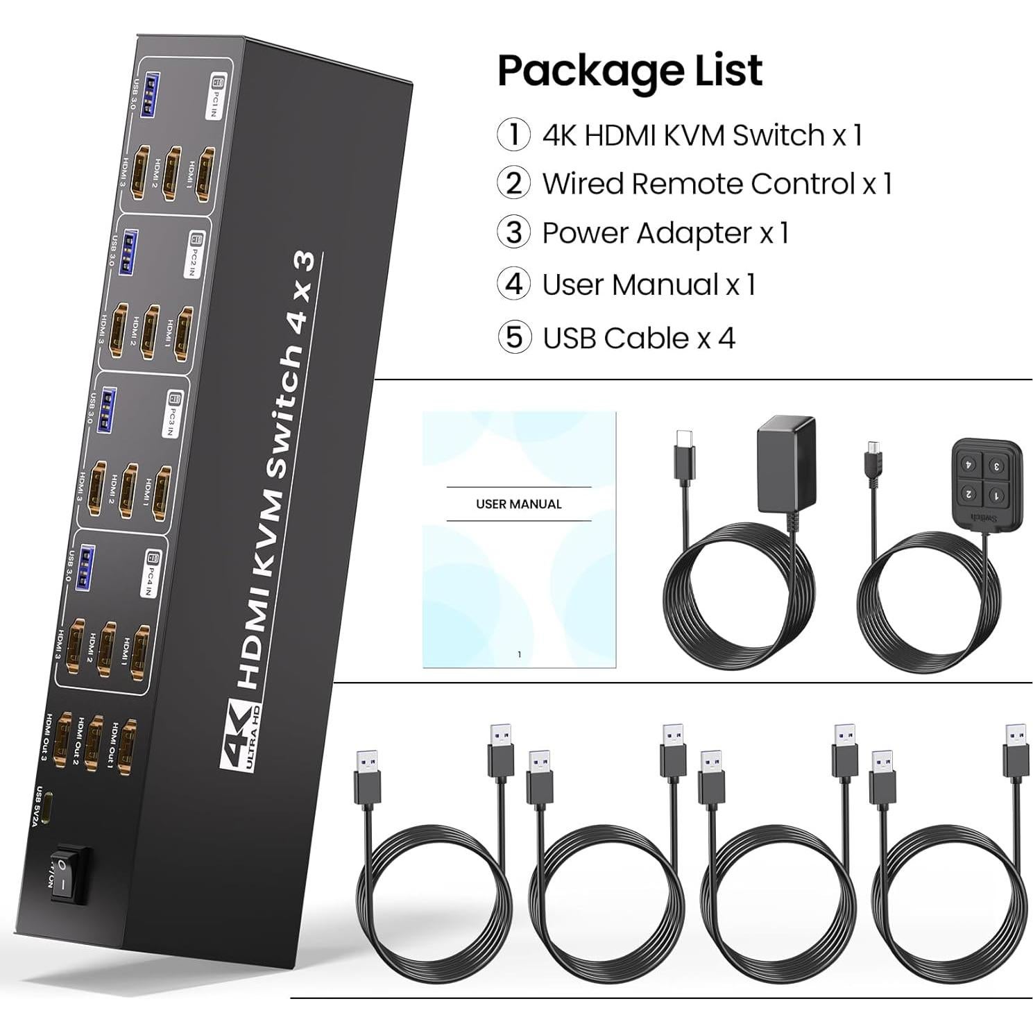 Interruptor KVM HDMI 4 Puertos 4K 3 Monitores Scyniney