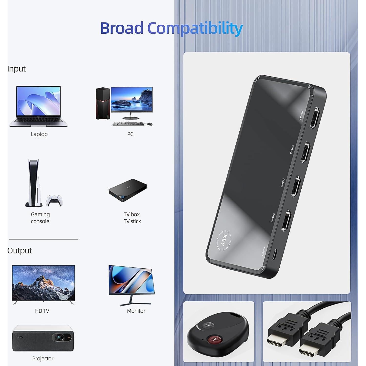 Conmutador HDMI 3 en 1 OVAW 4K@60Hz con Control Remoto