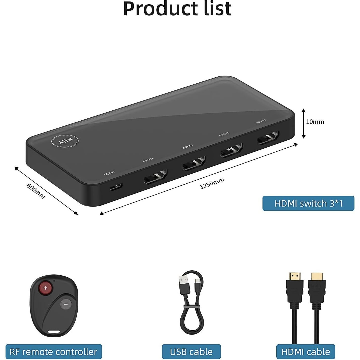 Conmutador HDMI 3 en 1 OVAW 4K@60Hz con Control Remoto