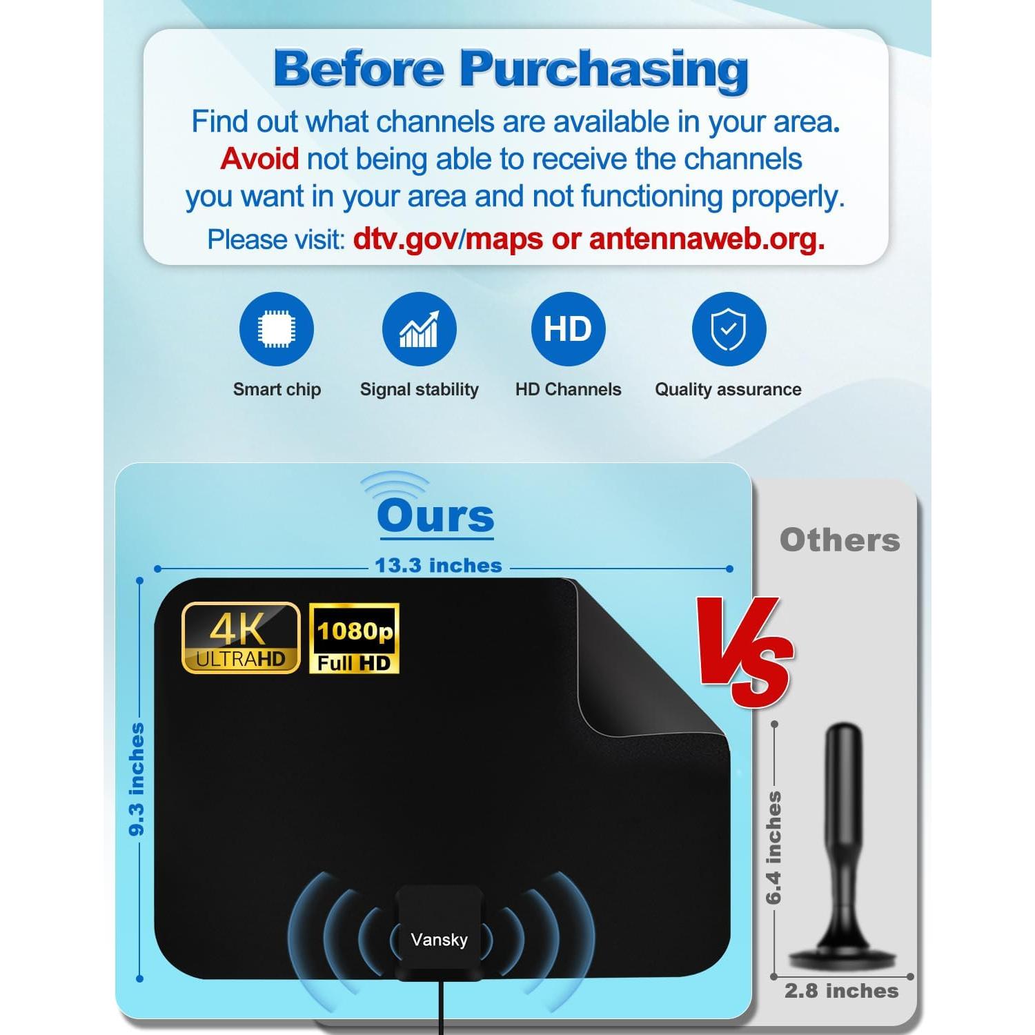 Antena de TV Interior Vansky VS-TX01 Amplificada 1080p 5m