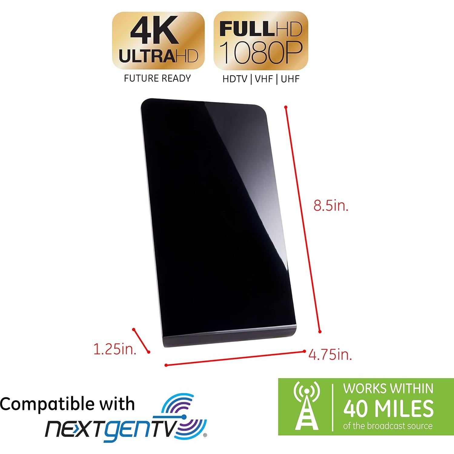 Antena Digital GE 33681 HD Interior 4K 1080p VHF UHF 64.37 km