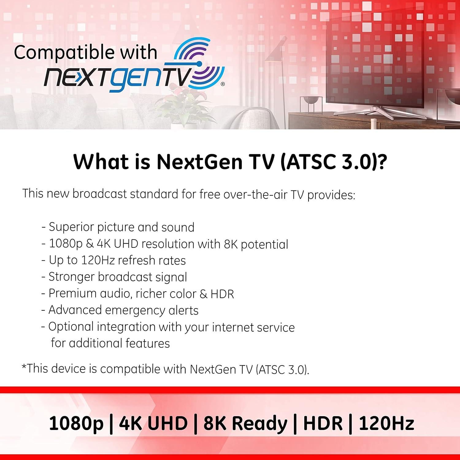 Antena Digital GE 33681 HD Interior 4K 1080p VHF UHF 64.37 km