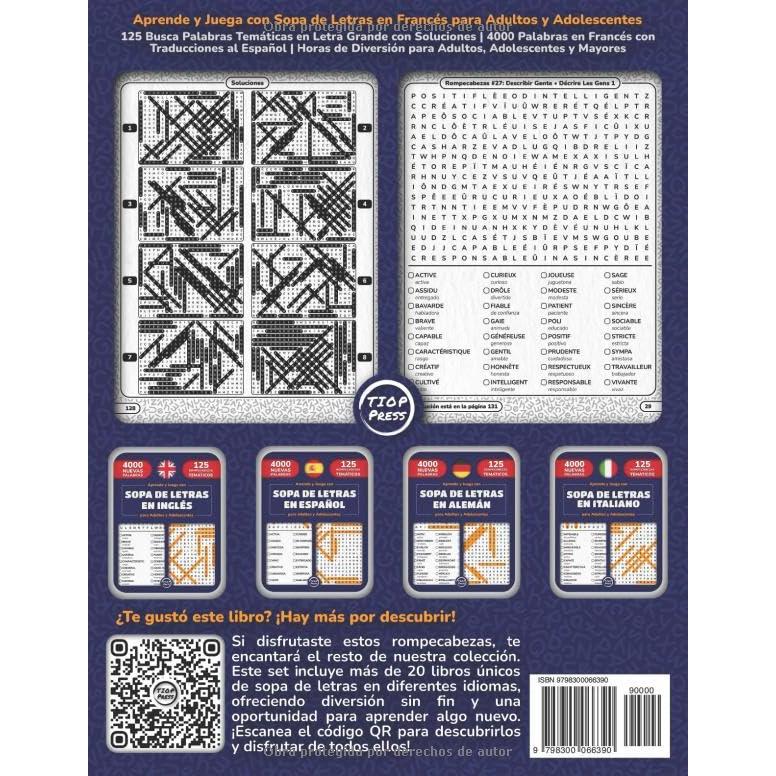 Aprende y Juega con Sopa de Letras en Francés para Adultos y Adolescentes: 125 Busca Palabras Temáticas en Letra Grande con Soluciones | 4000 Palabras ... Adolescentes y Mayores (Spanish Edition)