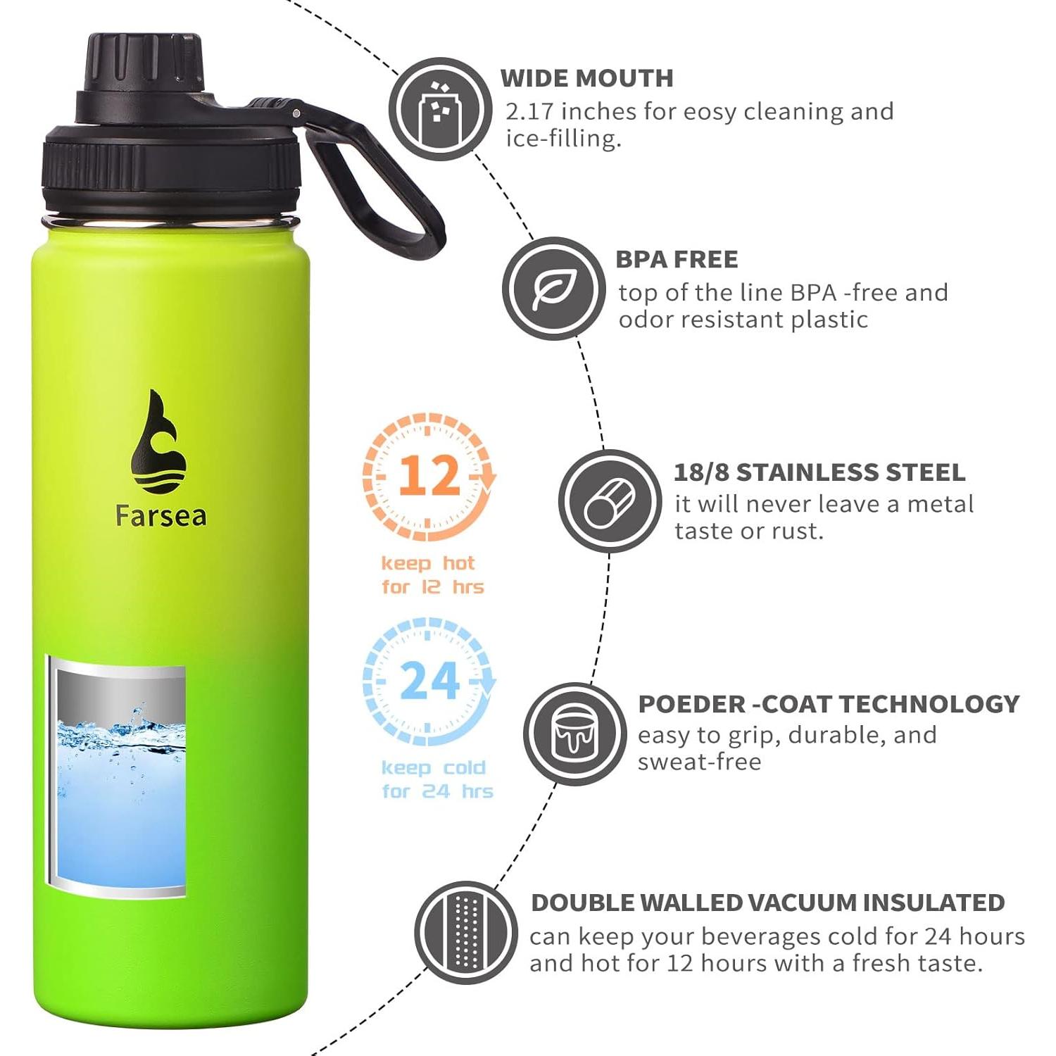 Botella de Agua Aislada Farsea 709 ml con Asa y 2 Tapas