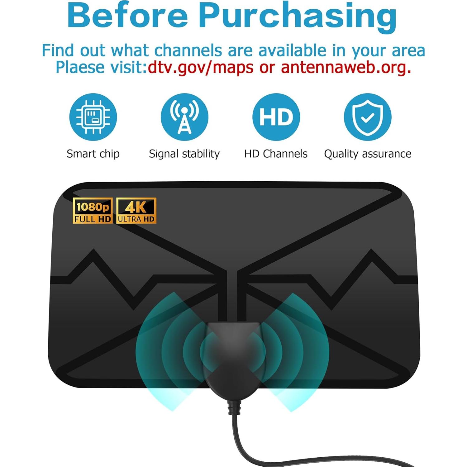 Antena de TV Interior YAODHAOD 360 km 4K 1080p Amplificada