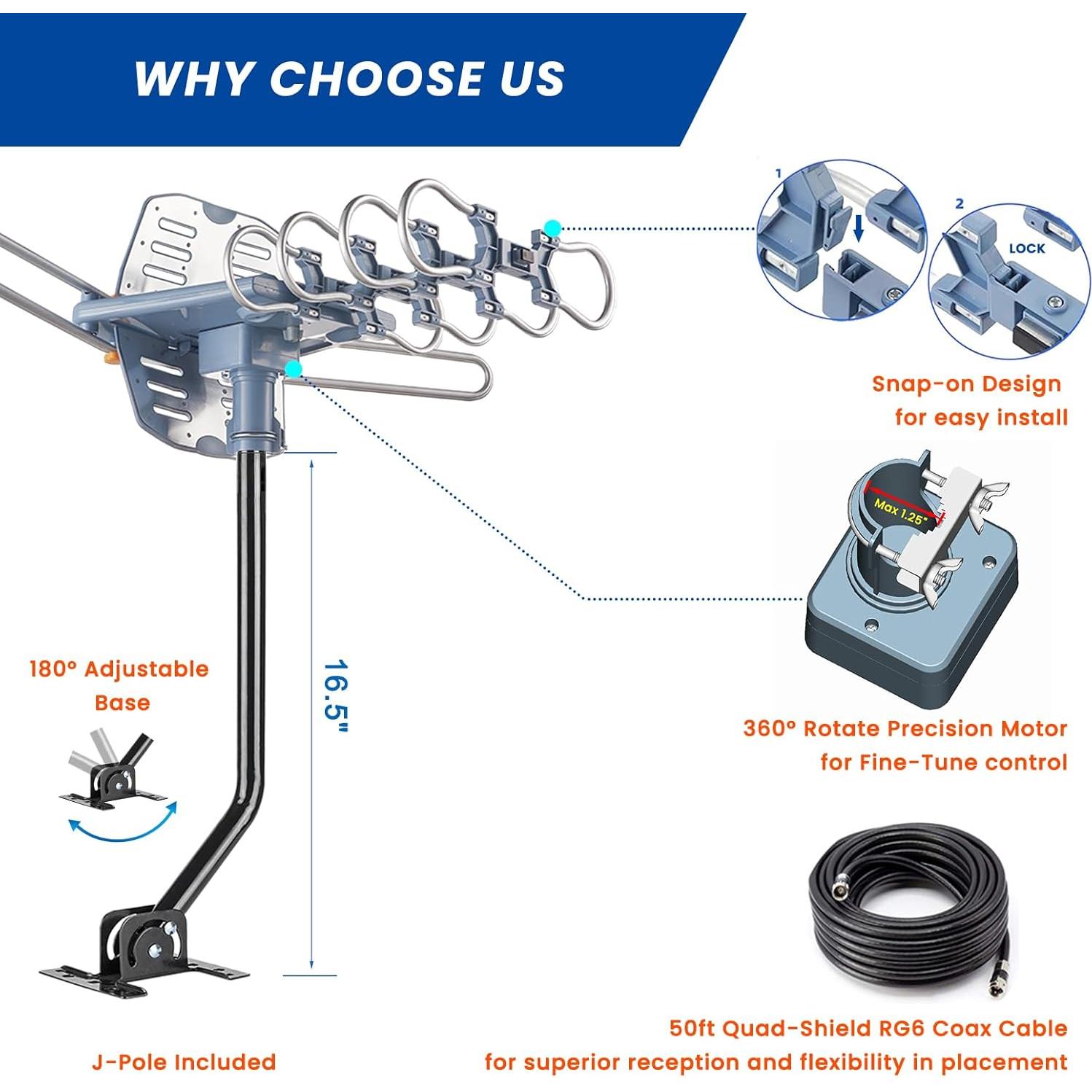 Antena de TV Exterior Aimto-Pro WA-2608, 150 millas, 4K HD