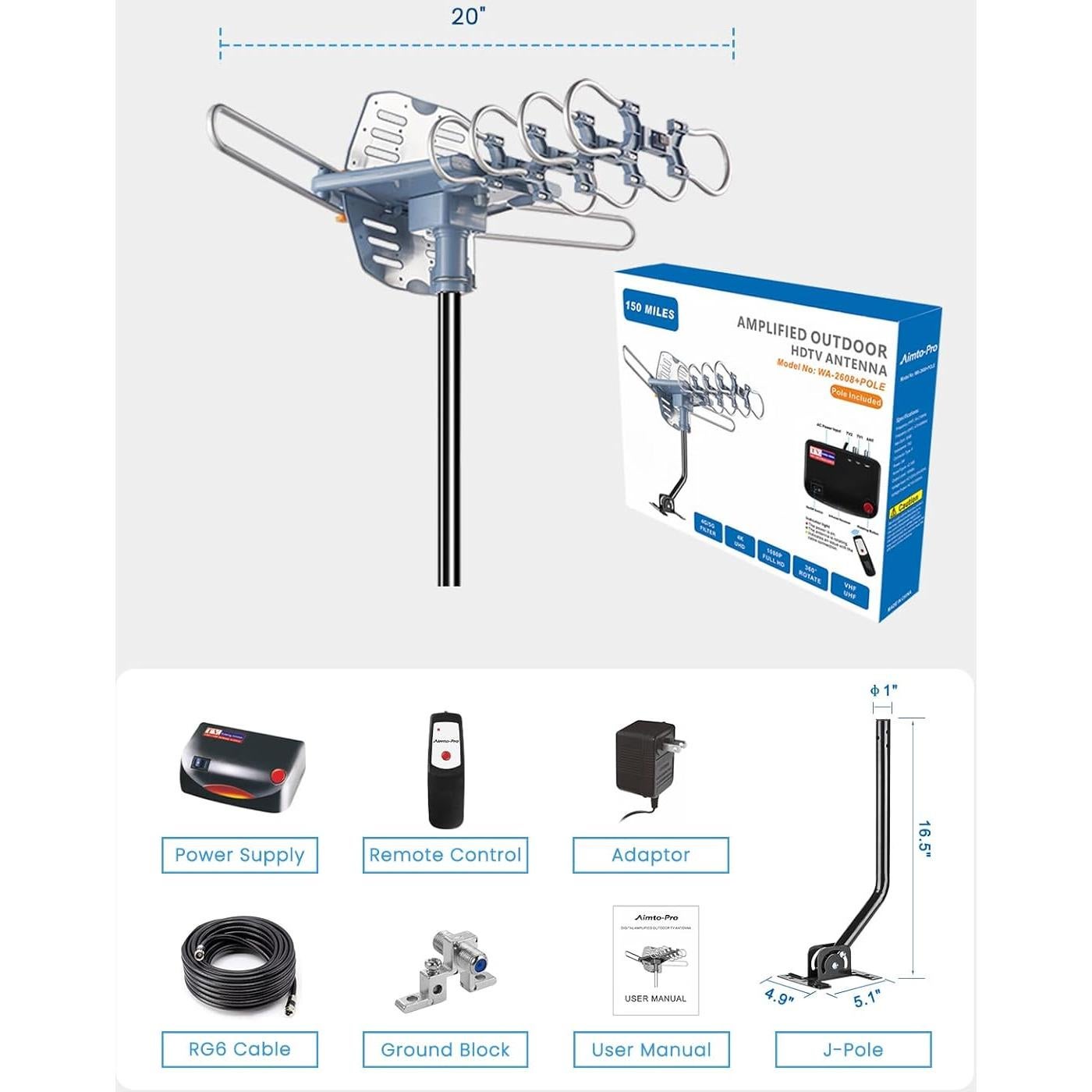 Antena de TV Exterior Aimto-Pro WA-2608, 150 millas, 4K HD