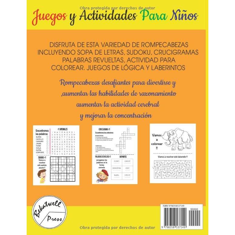 Cuaderno de Juegos y Actividades Para Niños 8-12: Rompecabezas Desafiantes con Sopa de letras, Crucigramas, Sudoku, Laberintos, Ejercicios de Lógica y mas (Spanish Edition)