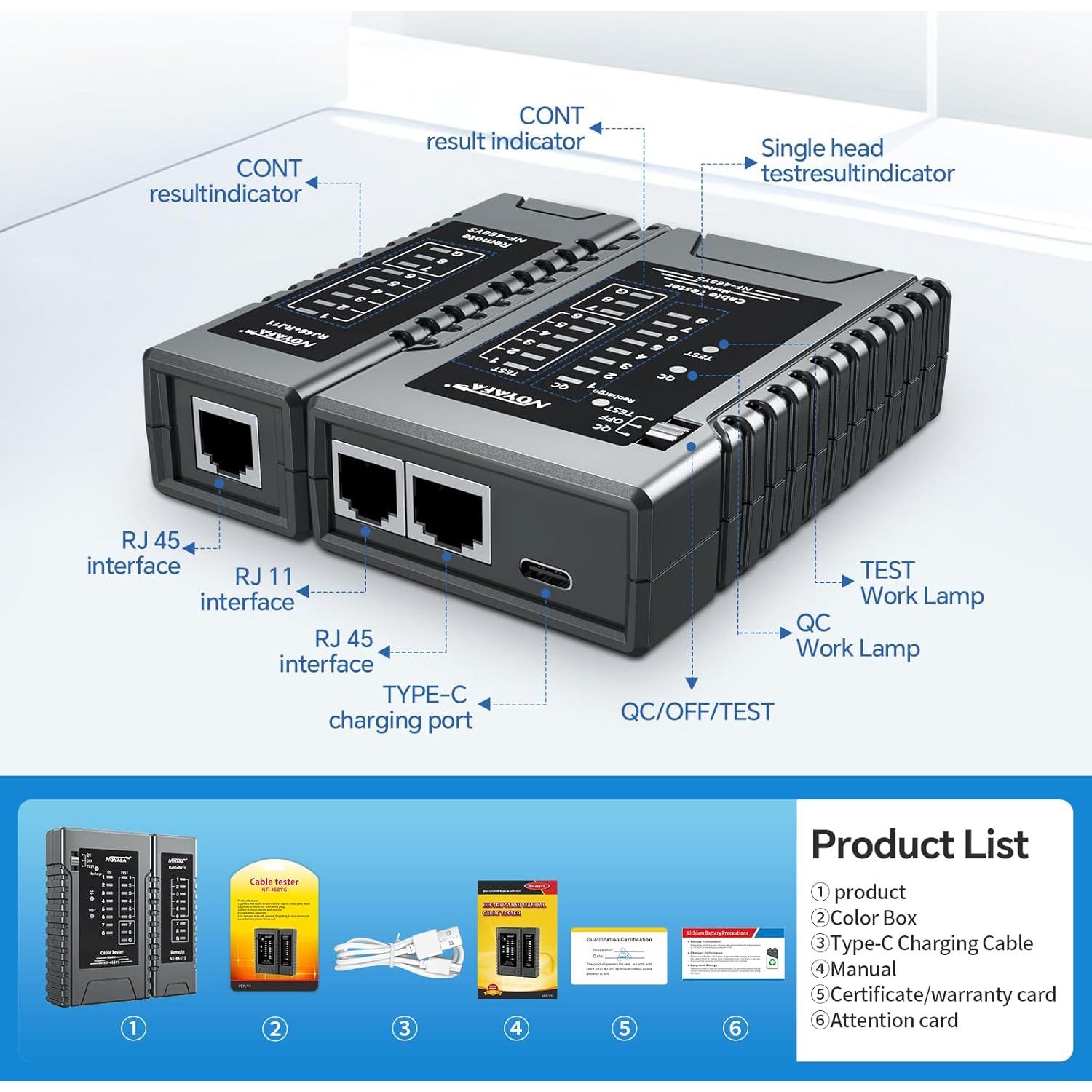Probador de Cable de Red NOYAFA NF-468YS Recargable 60V