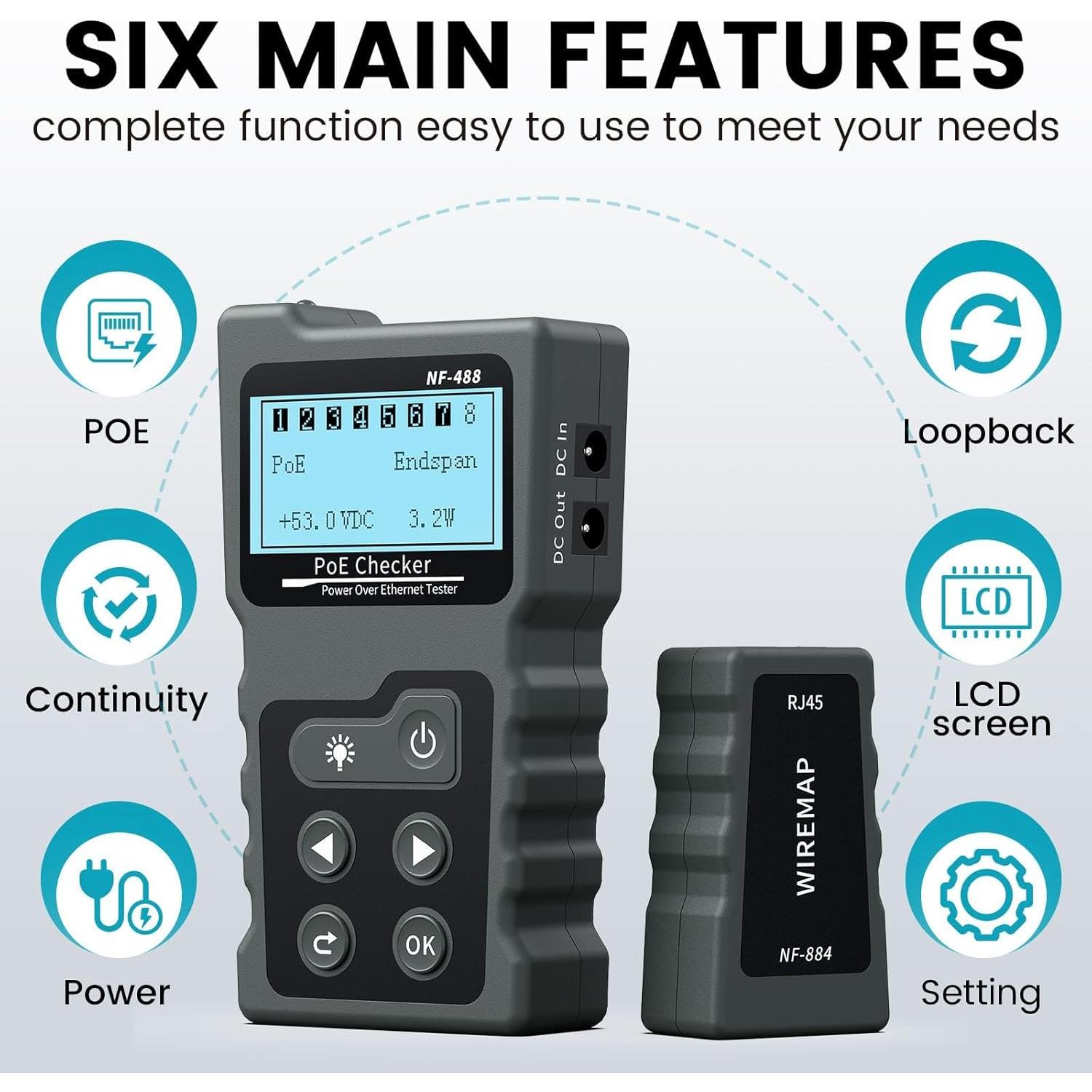 Probador de Red RJ45 VXSCAN NF488 POE y Continuidad