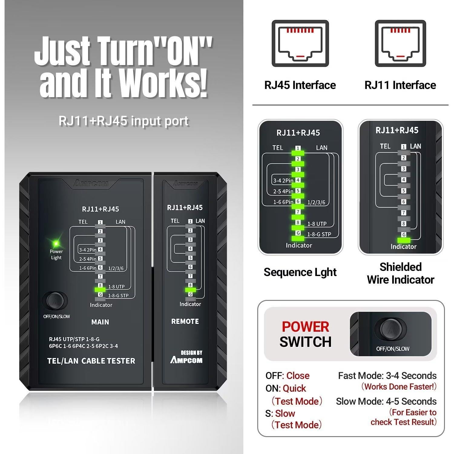 Probador de Cable de Red AMPCOM RJ45 RJ11 RJ12 CAT5E CAT6 CAT7