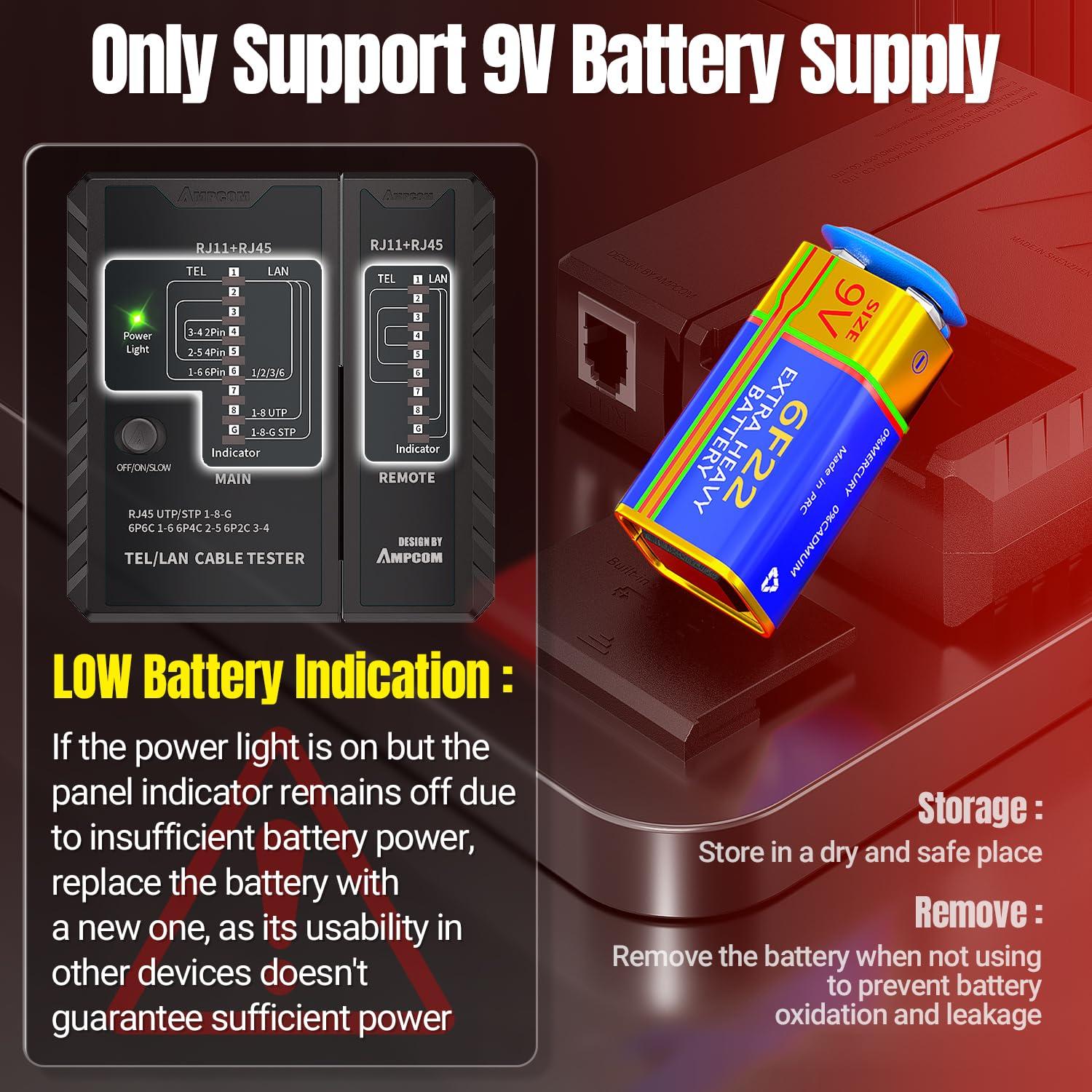 Probador de Cable de Red AMPCOM RJ45 RJ11 RJ12 CAT5E CAT6 CAT7