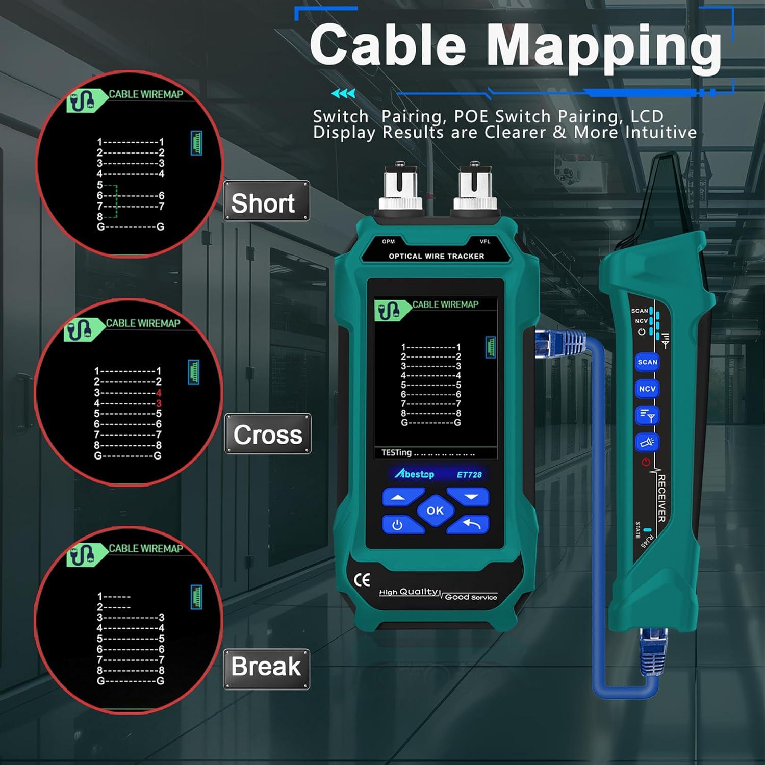 Probador de Cable de Red Abestop ET728 con Funciones Múltiples