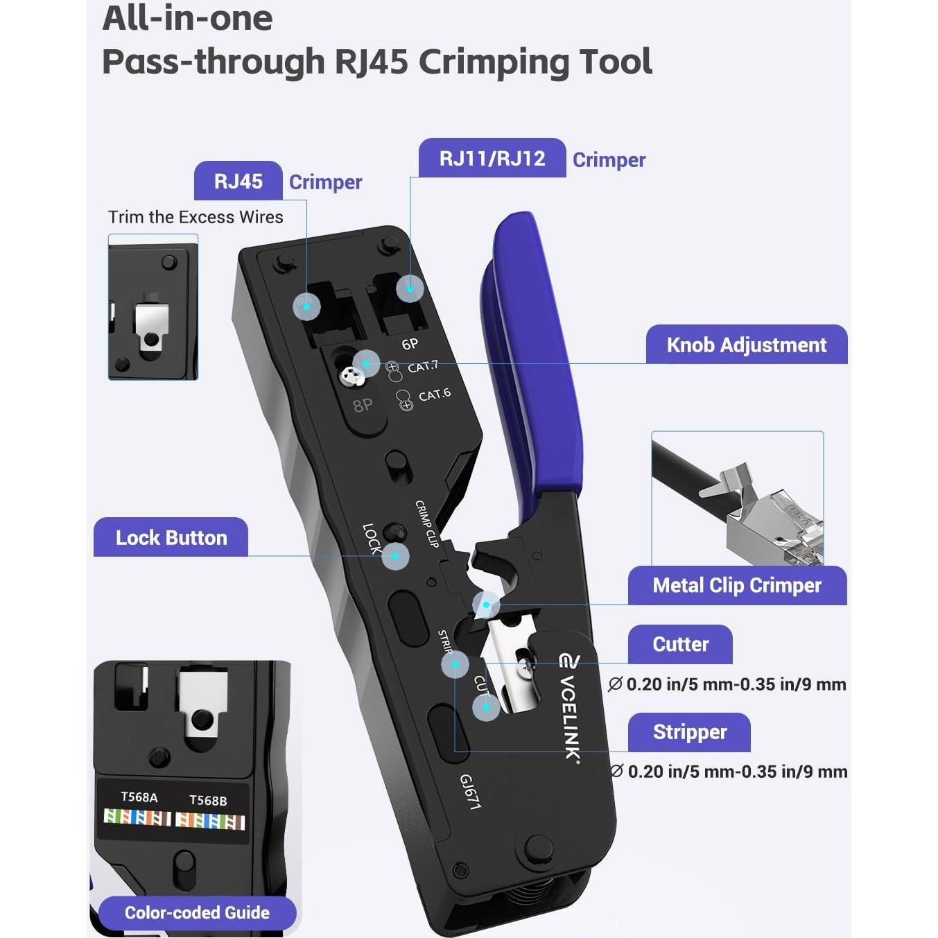 Kit de Herramientas de Crimpado RJ45 VCELINK con 50 Conectores Cat6