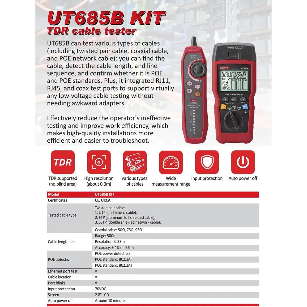 Probador de Cable UNI-T UT685B con Pantalla LCD 2.8"