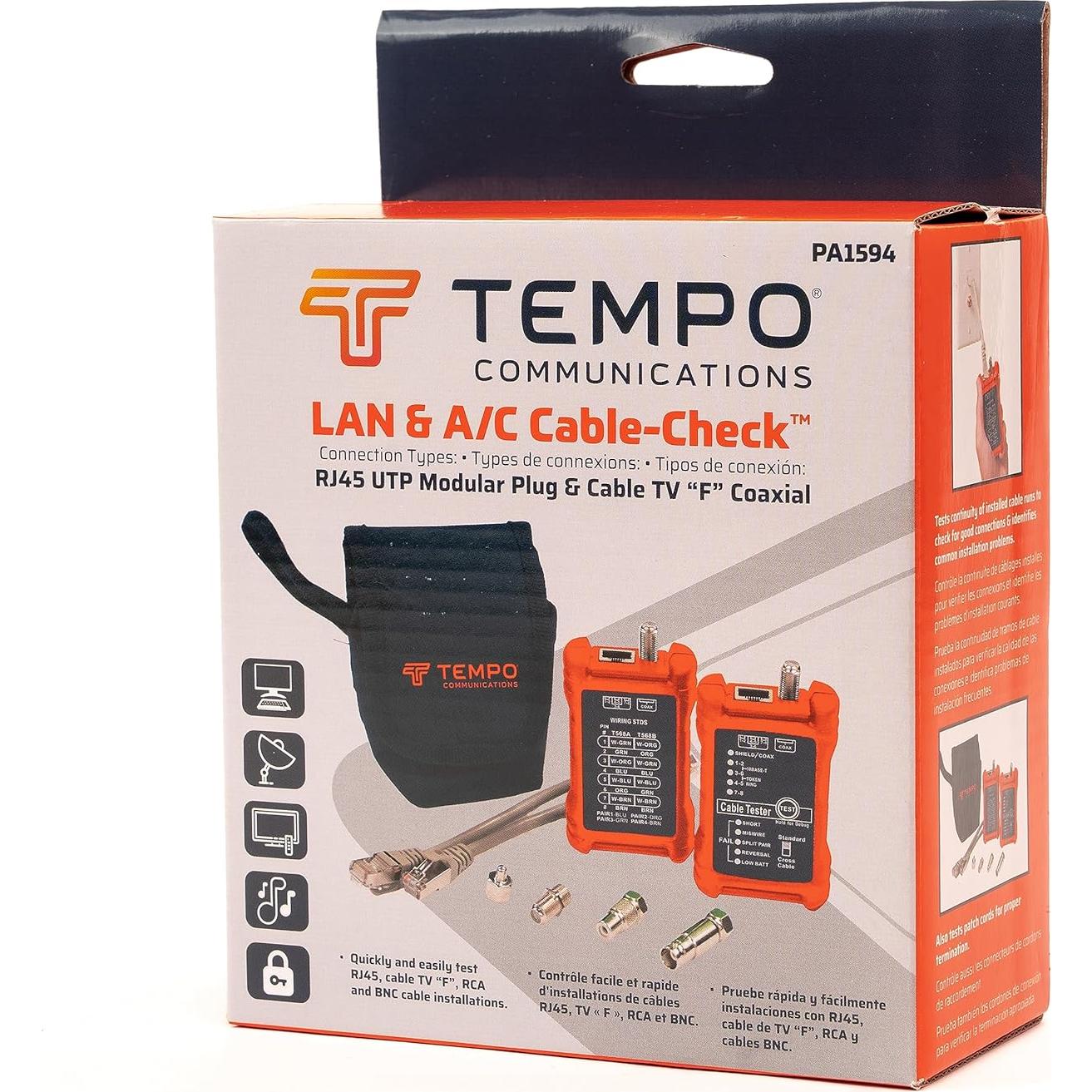 Probador de Cable de Red Tempo PA1594 - Continuidad RJ45 y Coaxial