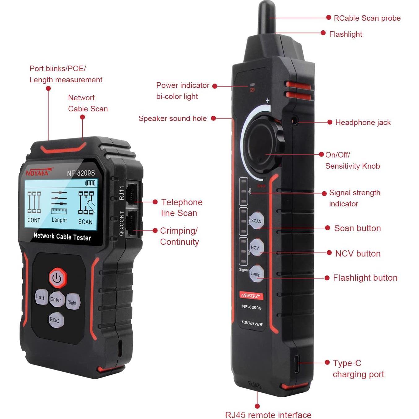 Probador de Cable de Red NOYAFA NF-8209S con Modo Anti-Interferencia