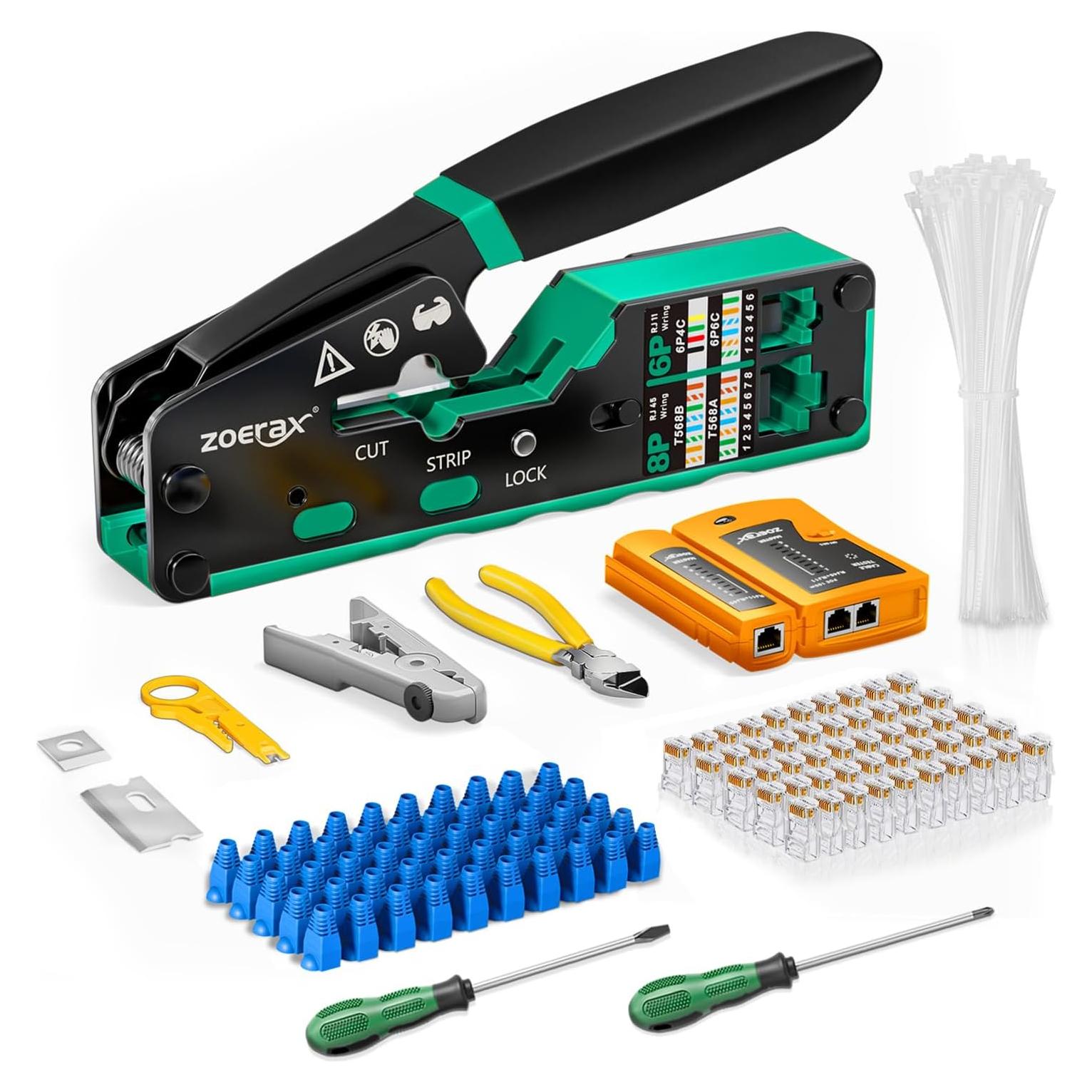 Kit de Crimpado RJ45 ZOERAX 10 en 1 con 50 Conectores Cat6
