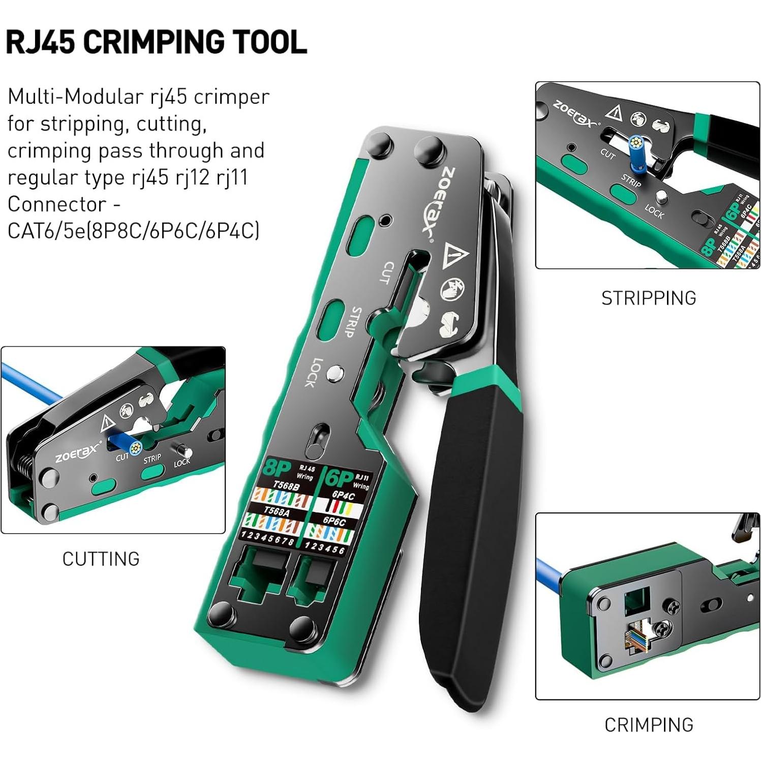 Kit de Crimpado RJ45 ZOERAX 10 en 1 con 50 Conectores Cat6
