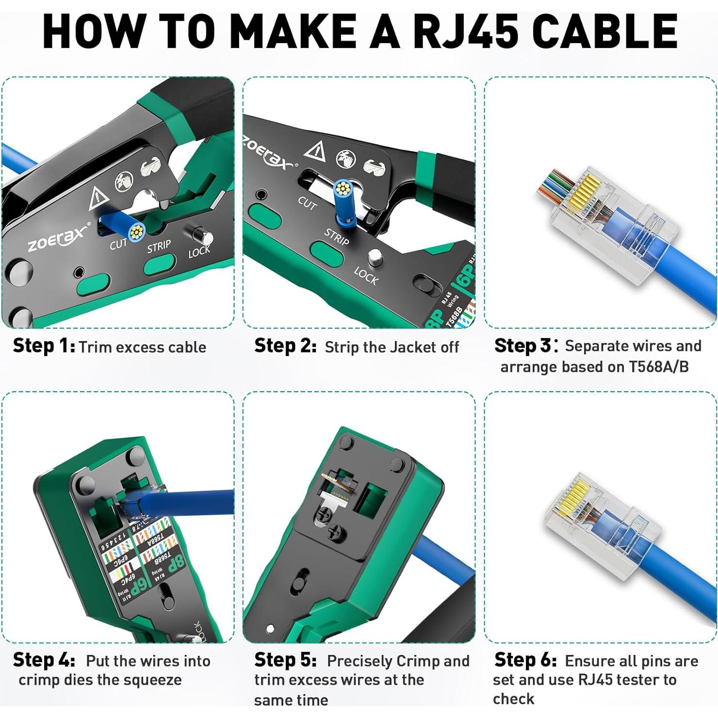 Kit de Crimpado RJ45 ZOERAX 10 en 1 con 50 Conectores Cat6